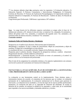 Página
27
27
** Los alumnos deberán elegir dos seminarios entre los siguientes: 1) Evaluación educativa; 2)
Educación Especial; 3) Procesos Comunitarios e Intervenciones Pedagógicas; 4) Formación
Continua de Docentes; 5) Técnicas de Exploración Psicopedagógica; 6) Capacitación Laboral; 7)
Sistemas Educativos Comparados; 8) Técnicas de Recolección / Análisis de datos; 9) Filosofía de
la Educación.
Carga horaria para Profesorado: 2.800 horas ( equivalente a 287 créditos)
Nota: La carga horaria de los diferentes espacios curriculares se asigna sobre la base de 16
semanas por semestre y 60 minutos la hora de clase: a) materias 6 hs. semanales, b) seminarios y
talleres del primer ciclo 4 hs. semanales, c) seminarios del segundo ciclo 3 hs. semanales y d)
seminario-taller de práctica docente y residencia 7 hs. semanales.
Contenidos mínimos
Seminario-Taller de Práctica Docente y Residencia
Perspectivas en el análisis de la docencia. Derivaciones para la formación.
Metodología y enseñanza. El área o campo de conocimiento. Objeto de conocimiento y objeto de
enseñaza. El papel de lo metodológico en esta relación.
La enseñanza del área y su encuadre curricular. Impacto de las Reformas educativas.
Propuestas para la práctica docente. Integración de perspectivas teóricas y análisis situacional.
Programación docente y diseños didácticos alternativos.
Profesionalización y formación docente. Los discursos en torno a la autonomía y el control. La
práctica reflexiva en la formación del profesorado.
Para el resto de las asignaturas los contenidos mínimos y los aspectos reglamentarios son comunes
con los de la carrera de Licenciatura en Ciencias de la Educación.
PAUTAS PARA LA EVALUACIÓN DEL PLAN DE ESTUDIOS DE LA LICENCIATURA
Y DEL PROFESORADO EN CIENCIAS DE LA EDUCACIÒN
La evaluación es una herramienta central en la implementación. Tiene distintas metas e
instrumentos técnicos de acuerdo a la naturaleza de los procesos que se evalúan: a) evaluación
permanente de la implementación, b) evaluación institucional de la eficacia para gestionar la
innovación, c) evaluación de los resultados y el nivel de logro de los nuevos perfiles profesionales
propuestos, d) evaluación del plan en su capacidad de retención del alumnado, de acortar la
duración de los estudios, de mejorar la calidad de los egresados y, sobre todo, de su sensibilidad
para responder a las nuevas necesidades y demandas educativas y sociales.
 