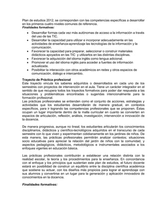 Plan de estudios 2012, se corresponden con las competencias específicas a desarrollar
en los primeros cuatro niveles comunes de referencia.
Finalidades formativas:

Desarrollar formas cada vez más autónomas de acceso a la información a través
del uso de las TIC.
Desarrollar la capacidad para utilizar e incorporar adecuadamente en las
actividades de enseñanza-aprendizaje las tecnologías de la información y la
comunicación.
Favorecer la capacidad para preparar, seleccionar o construir materiales
didácticos apoyados en las TIC y utilizarlos en las distintas disciplinas.
Favorecer la adquisición del idioma inglés como lengua adicional.
Promover el uso del idioma inglés para acceder a fuentes de información
actualizada.
Posibilitar la interacción con otros académicos en redes y otros espacios de
comunicación, diálogo e intercambio.
Trayecto de Práctica profesional
Este trayecto vincula los saberes adquiridos o desarrollados en cada uno de los
semestres con proyectos de intervención en el aula. Tiene un carácter integrador en el
sentido de que recupera todos los trayectos formativos para poder dar respuesta a las
situaciones y problemáticas encontradas o sugeridas intencionalmente para la
formación profesional.
Las prácticas profesionales se entienden como el conjunto de acciones, estrategias y
actividades que los estudiantes desarrollarán de manera gradual, en contextos
específicos, para ir logrando las competencias profesionales que se proponen. Éstas
ocupan un lugar importante dentro de la malla curricular en cuanto se convierten en
espacios de articulación, reflexión, análisis, investigación, intervención e innovación de
la docencia.
De manera progresiva, aunque no lineal, los estudiantes articularán los conocimientos
disciplinarios, didácticos y científico-tecnológicos adquiridos en el transcurso de cada
semestre con lo que viven y experimentan cotidianamente en los jardines de niños. De
esta manera, las prácticas profesionales permitirán analizar contextos; situaciones
socio educativas para apreciar la relación del jardín de niños con la comunidad, y
aspectos pedagógicos, didácticos, metodológicos e instrumentales asociados a los
enfoques vigentes en educación básica.
Las prácticas profesionales contribuirán a establecer una relación distinta con la
realidad escolar, la teoría y los procedimientos para la enseñanza. En concordancia
con el enfoque y los principios que sustentan este plan de estudios, el futuro docente
estará en posibilidad de construir un equilibrio entre la disciplina científica académica
que sostiene su actuar, con los diseños más propicios para lograr el aprendizaje con
sus alumnos y convertirse en un lugar para la generación y aplicación innovadora de
conocimientos en la docencia.
Finalidades formativas:

 