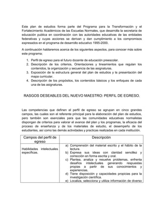 Este plan de estudios forma parte del Programa para la Transformación y el
Fortalecimiento Académicos de las Escuelas Normales, que desarrolla la secretaria de
educación publica en coordinación con las autoridades educativas de las entidades
federativas y cuyas acciones se derivan y dan cumplimiento a los compromisos
expresados en el programa de desarrollo educativo 1995-2000.
A continuación hablaremos acerca de los siguientes aspectos, para conocer más sobre
este programa;
1. Perfil de egreso para el futuro docente de educación preescolar.
2. Descripción de los criterios, Orientaciones y lineamientos que regulan los
contenidos, la organización y secuencia de las asignaturas.
3. Exposición de la estructura general del plan de estudios y la presentación del
mapa curricular.
4. Descripción de los propósitos, los contenidos básicos y los enfoques de cada
una de las asignaturas.

RASGOS DESEABLES DEL NUEVO MAESTRO: PERFIL DE EGRESO.

Las competencias que definen el perfil de egreso se agrupan en cinco grandes
campos, las cuales son el referente principal para la elaboración del plan de estudios,
pero también son esenciales para que las comunidades educativas normalistas
dispongan de criterios para valorar el avance del plan y los programas, la eficacia del
proceso de enseñanza y de los materiales de estudio, el desempeño de los
estudiantes, así como las demás actividades y practicas realizadas en cada institución.

Campos del perfil de
egreso
Habilidades intelectuales
específicas.

Descripción
a) Comprensión del material escrito y el hábito de la
lectura.
b) Expresa sus ideas con claridad sencillez y
corrección en forma escrita y oral.
c) Plantea, analiza y resuelve problemas, enfrenta
desafíos intelectuales generando respuestas
propias a partir de sus conocimientos y
experiencias.
d) Tiene disposición y capacidades propicias para la
investigación científica.
e) Localiza, selecciona y utiliza información de diverso

 