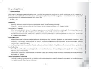 27
Planes
y
Programas
de
Educación
Primaria
y
Secundaria
de
Personas
Jóvenes
y
Adultas
2.6. Aprendizajes Aplicados
• Objetivo Holístico
Desarrollamos habilidades, capacidades y destrezas, a partir de la resolución de problemas en la vida cotidiana, el uso de la lengua en la
familia y la comunidad desde la narrativa de una historia propia y diversa asumiendo la seguridad y soberanía alimentaria que permita
reconocer y valorar los alimentos ancestrales hacia el Vivir Bien.
• Perfil de Salida
Matemática
- Identifica, reconoce y utiliza los números racionales en la vida diaria, familia y comunidad.
- Desarrolla y resuelve distintos problemas y los relaciona con los procesos cotidianos en la vida y el trabajo.
Comunicación y Lenguajes
- Utiliza la lengua originaria de manera oral y escrita para comunicarse en la familia y comunidad, según el contexto o región al que
pertenece, considerando la diversidad, inclusión e igualdad de oportunidades entre todas y todos.
- Narra historias propias de vida, expresándose de manera oral con el contexto que le rodea e implementa las mismas en la construcción
de diferentes tipos de textos.
Ciencias Naturales
- Identifica y describe características químicas y físicas de interacción en el diario vivir percibidos por el ser humano, cuidando la salud
comunitaria a partir de la recuperación de los saberes, conocimientos y experiencias ancenstrales de los alimentos y la medicina
tradicional para una salud integral.
- Analiza y comprende de manera crítica el uso de sustancias químicas en el diario vivir y el desempeño del contexto laboral y productivo.
Ciencias Sociales
- Desarrolla un espíritu crítico, empático y proactivo para detectar situaciones de inequidad y exclusión a partir de la comprensión de
la historia propia de los pueblos.
- Profundiza las Filosofías y Cosmovisiones de su contexto, a partir de la narrativa oral de los sabios y el rescate de la ciencia y tecnología
ancestral de los pueblos.
Técnica, Tecnológica y Productiva
- Emprende proyectos familiares, desde los saberes, conocimientos y experiencias adquiridos a lo largo de la vida, de forma responsable
y en equilibrio con la Madre Tierra y el Cosmos.
 