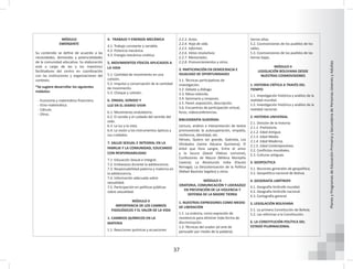 37
Planes
y
Programas
de
Educación
Primaria
y
Secundaria
de
Personas
Jóvenes
y
Adultas
MÓDULO
EMERGENTE
Su contenido se define de acuerdo a las
necesidades, demandas y potencialidades
de la comunidad educativa. Su elaboración
está a cargo de las y los maestros/
facilitadores del centro en coordinación
con las instituciones y organizaciones del
contexto.
*Se sugiere desarrollar los siguientes
módulos:
- Economía y matemática financiera.
- Etno-matemática.
- Cálculo.
- Otros.
4. TRABAJO Y ENERGÍA MECÁNICA
4.1. Trabajo constante y variable.
4.2. Potencia mecánica.
4.3. Energía mecánica-cinética.
5. MOVIMIENTOS FÍSICOS APLICADOS A
LA VIDA
5.1. Cantidad de movimiento en una
colisión.
5.2. Impulso y conservación de la cantidad
de movimiento.
5.3. Choque y colisión.
6. ONDAS, SONIDO Y
LUZ EN EL DIARIO VIVIR
6.1. Movimiento ondulatorio.
6.2. El sonido y el cuidado del sentido del
oído.
6.3. La luz y la vista.
6.4. La visión y los instrumentos ópticos y
sus cuidados.
7. SALUD SEXUAL E INTEGRAL EN LA
FAMILIA Y LA COMUNIDAD, EDUCANDO
CON RESPONSABILIDAD
7.1. Educación Sexual e Integral.
7.2. Embarazos durante la adolescencia.
7.3. Responsabilidad paterna y materna en
la adolescencia.
7.4. Información adecuada sobre
sexualidad.
7.5. Participación en políticas públicas
sobre sexualidad.
MÓDULO II
IMPORTANCIA DE LOS CAMBIOS
FISIOLÓGICOS Y EL VALOR DE LA VIDA
1. CAMBIOS QUÍMICOS EN LA
MATERIA
1.1. Reacciones químicas y ecuaciones
2.2.3. Actas.
2.2.4. Hoja de vida.
2.2.5. Informes.
2.2.6. Votos resolutivos.
2.2.7. Memoriales.
2.2.8. Pronunciamientos y otros.
3. PARTICIPACIÓN EN DEMOCRACIA E
IGUALDAD DE OPORTUNIDADES
3.1. Técnicas participativas de
investigación.
3.2. Debate y diálogo.
3.3. Mesa redonda.
3.4. Seminario y simposio.
3.5. Panel, exposición, descripción.
3.6. Encuentros de participación virtual,
foros, videoconferencias.
BIBLIOGRAFÍA SUGERIDA:
Lectura, análisis e interpretación de textos
promoviendo la autosuperación, empatía,
resiliencia, identidad, etc.
Héroes, Quiero ser grande, Gabriela, Los
Olvidados (Jaime Aduana Quintana); El
árbol que llora sangre, Entre el amor
y la locura (David Vildoso Lemoine);
Confesiones de Maura (Milena Montaño
Cavero); La Revolución India (Fausto
Reinaga); La Descolonización de la Política
(Rafael Bautista Segales) y otros.
MÓDULO II
ORATORIA, COMUNICACIÓN Y LIDERAZGO
EN PREVENCIÓN DE LA VIOLENCIA Y
DEFENSA DE LA MADRE TIERRA
1. NUESTRAS EXPRESIONES COMO MEDIO
DE LIBERACIÓN
1.1. La oratoria, como expresión de
resistencia para eliminar toda forma de
discriminación.
1.2. Técnicas del orador (el arte de
persuadir por medio de la palabra).
tierras altas.
5.2. Cosmovisiones de los pueblos de los
valles.
5.3. Cosmovisiones de los pueblos de las
tierras bajas.
MÓDULO II
LEGISLACIÓN BOLIVIANA DESDE
NUESTRAS COSMOVISIONES
1. HISTORIA CRÍTICA A TRAVÉS DEL
TIEMPO
1.1. Investigación histórica y análisis de la
realidad mundial.
1.2. Investigación histórica y análisis de la
realidad nacional.
2. HISTORIA UNIVERSAL
2.1. División de la historia:
2.1.1. Prehistoria.
2.1.2. Edad Antigua.
2.1.3. Edad Media.
2.1.4. Edad Moderna.
2.1.5. Edad Contemporánea.
2.2. Conflictos mundiales.
2.3. Culturas antiguas.
3. GEOPOLÍTICA
3.1. Nociones generales de geopolítica.
3.2. Geopolítica nacional de Bolivia.
4. GEOGRAFÍA LIMÍTROFE
4.1. Geografía limítrofe mundial.
4.2. Geografía limítrofe nacional.
4.3. Cartografía general.
5. LEGISLACIÓN BOLIVIANA
5.1. La primera Constitución de Bolivia.
5.2. Las reformas a la Constitución.
6. LA CONSTITUCIÓN POLÍTICA DEL
ESTADO PLURINACIONAL
 