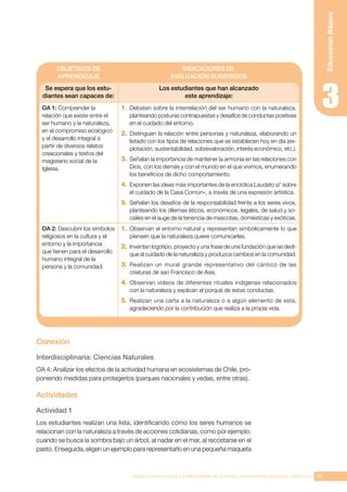 111
BASES CURRICULARES Y PROGRAMA DE ESTUDIO ASIGNATURA RELIGIÓN CATÓLICA
Educación
Básica
OBJETIVOS DE
APRENDIZAJE
INDICADORES DE
EVALUACIÓN SUGERIDOS
Se espera que los estu-
diantes sean capaces de:
Los estudiantes que han alcanzado
este aprendizaje:
OA 1: Comprender la
relación que existe entre el
ser humano y la naturaleza,
en el compromiso ecológico
y el desarrollo integral a
partir de diversos relatos
creacionales y textos del
magisterio social de la
Iglesia.
1.	 Debaten sobre la interrelación del ser humano con la naturaleza,
planteando posturas contrapuestas y desafíos de conductas positivas
en el cuidado del entorno.
2.	 Distinguen la relación entre personas y naturaleza, elaborando un
listado con los tipos de relaciones que se establecen hoy en día (ex-
plotación, sustentabilidad, sobrevaloración, interés económico, etc.).
3.	 Señalan la importancia de mantener la armonía en las relaciones con
Dios, con los demás y con el mundo en el que vivimos, enumerando
los beneficios de dicho comportamiento.
4.	 Exponen las ideas más importantes de la encíclica Laudato si’ sobre
el cuidado de la Casa Común», a través de una expresión artística.
5.	 Señalan los desafíos de la responsabilidad frente a los seres vivos,
planteando los dilemas éticos, económicos, legales, de salud y so-
ciales en el auge de la tenencia de mascotas, domésticas y exóticas.
OA 2: Descubrir los símbolos
religiosos en la cultura y el
entorno y la importancia
que tienen para el desarrollo
humano integral de la
persona y la comunidad.
1.	 Observan el entorno natural y representan simbólicamente lo que
piensen que la naturaleza quiere comunicarles.
2.	 Inventan logotipo, proyecto y una frase de una fundación que se dedi-
que al cuidado de la naturaleza y produzca cambios en la comunidad.
3.	 Realizan un mural grande representativo del cántico de las
criaturas de san Francisco de Asís.
4.	 Observan videos de diferentes rituales indígenas relacionados
con la naturaleza y explican el porqué de estas conductas.
5.	 Realizan una carta a la naturaleza o a algún elemento de esta,
agradeciendo por la contribución que realiza a la propia vida.
Conexión
Interdisciplinaria: Ciencias Naturales
OA 4: Analizar los efectos de la actividad humana en ecosistemas de Chile, pro-
poniendo medidas para protegerlos (parques nacionales y vedas, entre otras).
Actividades
Actividad 1
Los estudiantes realizan una lista, identificando cómo los seres humanos se
relacionan con la naturaleza a través de acciones cotidianas, como por ejemplo:
cuando se busca la sombra bajo un árbol, al nadar en el mar, al recostarse en el
pasto. Enseguida, eligen un ejemplo para representarlo en una pequeña maqueta
 