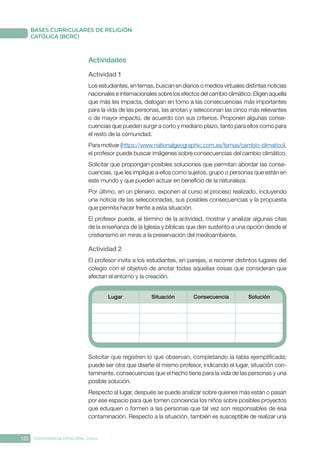 122 CONFERENCIA EPISCOPAL CHILE
BASES CURRICULARES DE RELIGIÓN
CATÓLICA (BCRC)
Actividades
Actividad 1
Los estudiantes, en ternas, buscan en diarios o medios virtuales distintas noticias
nacionales e internacionales sobre los efectos del cambio climático. Eligen aquella
que más les impacta, dialogan en torno a las consecuencias más importantes
para la vida de las personas, las anotan y seleccionan las cinco más relevantes
o de mayor impacto, de acuerdo con sus criterios. Proponen algunas conse-
cuencias que pueden surgir a corto y mediano plazo, tanto para ellos como para
el resto de la comunidad.
Para motivar (https://www.nationalgeographic.com.es/temas/cambio-climatico),
el profesor puede buscar imágenes sobre consecuencias del cambio climático.
Solicitar que propongan posibles soluciones que permitan abordar las conse-
cuencias, que les implique a ellos como sujetos, grupo o personas que están en
este mundo y que pueden actuar en beneficio de la naturaleza.
Por último, en un plenario, exponen al curso el proceso realizado, incluyendo
una noticia de las seleccionadas, sus posibles consecuencias y la propuesta
que permita hacer frente a esta situación.
El profesor puede, al término de la actividad, mostrar y analizar algunas citas
de la enseñanza de la Iglesia y bíblicas que den sustento a una opción desde el
cristianismo en miras a la preservación del medioambiente.
Actividad 2
El profesor invita a los estudiantes, en parejas, a recorrer distintos lugares del
colegio con el objetivo de anotar todas aquellas cosas que consideran que
afectan el entorno y la creación.
Lugar Situación Consecuencia Solución
Solicitar que registren lo que observan, completando la tabla ejemplificada;
puede ser otra que diseñe el mismo profesor, indicando el lugar, situación con-
taminante, consecuencias que el hecho tiene para la vida de las personas y una
posible solución.
Respecto al lugar, después se puede analizar sobre quienes más están o pasan
por ese espacio para que tomen conciencia los niños sobre posibles proyectos
que eduquen o formen a las personas que tal vez son responsables de esa
contaminación. Respecto a la situación, también es susceptible de realizar una
 
