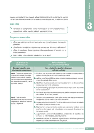 139
BASES CURRICULARES Y PROGRAMA DE ESTUDIO ASIGNATURA RELIGIÓN CATÓLICA
Educación
Básica
buenos comportamientos, cuando actuamos correctamente en el entorno, cuando
cuidamoslanaturaleza,estamoscuidandolacasadelosdemás,tambiénlanuestra.
Gran idea
•	 Tenemos un compromiso como miembros de la comunidad humana
respecto de cuidar nuestro hábitat, que es de todos.
Preguntas esenciales
•	 ¿Por qué es importante comprometernos con el cuidado de nuestro
planeta?
•	 ¿Cuál es el mensaje del magisterio en relación con el cuidado del mundo?
•	 ¿Qué dimensiones debemos desarrollar para alcanzar el respeto por el
medioambiente?
•	 Como niños y estudiantes, ¿podemos hacer algo?
OBJETIVOS DE
APRENDIZAJE
INDICADORES DE
EVALUACIÓN SUGERIDOS
Se espera que los estu-
diantes sean capaces de:
Los estudiantes que han alcanzado
este aprendizaje:
OA 1: Expresar el compromiso
que debemos tener todos los
seres humanos en el cuidado
de la «casa común» a partir de
las enseñanzas bíblicas y de la
tradición eclesial.
1.	 Explican con argumentos la necesidad de cambiar comportamientos
que no contribuyen en el cuidado de la naturaleza.
2.	 Aplican enseñanzas bíblicas a sus propias vidas expresando compro-
misos de cuidado del entorno.
3.	 Identifican situaciones de la convivencia y del entorno en donde se hace
necesario preservar la naturaleza.
4.	 Expresan en lenguaje propio las enseñanzas del Papa sobre el cuidado
de la «casa común».
5.	 Enumeran argumentos de las enseñanzas del Papa sobre la necesidad
del cuidado de la «casa común».
OA 3: Explicar que la
experiencia de la vida cristiana
requiere del desarrollo afectivo,
social y espiritual.
1.	 Señalan actitudes propias de la edad en las que pueden manifestar
compromiso por el cuidado del medioambiente.
2.	 Juzgan actitudes propias de niños de su edad que contribuyen al respeto
del hábitat de las demás personas.
3.	 Representan comportamientos en los que expresan el cuidado como
una forma de respeto a la naturaleza y como espacio de vida de las
demás personas.
4.	 Argumentan, a partir de lecturas bíblicas, la necesidad de respetar a los
demás y su entorno social, cultural y natural.
5.	 Identifican valores en personas significativas que contribuyen en el
respeto y cuidado del entorno natural y social.
 