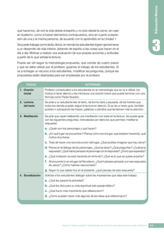 159
BASES CURRICULARES Y PROGRAMA DE ESTUDIO ASIGNATURA RELIGIÓN CATÓLICA
Educación
Básica
que hacemos, de vivir la vida desde el espíritu y no solo desde la carne, sin caer
en dualismo, como si fueran elementos contrapuestos, sino en cuanto a expre-
sión de una y la misma persona, de acuerdo con lo aprendido en la Unidad 1.
Se puede trabajar como lectio divina, en donde los estudiantes logren aproximarse
a un desarrollo de vida interior, dotando de espíritu a las cosas que hacen en el
día a día. Motivar a realizar una evaluación de sus propias acciones y actitudes
a partir de lo que señala la lectura.
Puede ser útil seguir la metodología propuesta, que consta de cuatro pasos
y que se debe utilizar por el profesor, guiando el trabajo de los estudiantes. Si
va a entregar un recurso a los estudiantes, modificar las preguntas, porque las
propuestas están diseñadas para ser empleadas por el profesor.
PASOS ACTIVIDAD
1.	Oración
inicial
Profesor contextualiza a los estudiantes en la metodología que se va a utilizar, los
motiva a hacer silencio y les introduce una oración breve que puede terminar con una
fórmula como Padre Nuestro.
2.	Lectura
del texto
Se pide a un estudiante leer el texto, de forma clara y pausada, de tal manera que
todos los demás puedan seguir la lectura en silencio. Si se da un texto guía, también
podrían ir subrayando las frases, palabras o párrafos que les llamen más la atención.
3. 	Meditación Se pide que vayan realizando una meditación con base en la lectura. Se puede guiar
con las siguientes preguntas, intercaladas por silencios que permitan meditar la
respuesta:
a.	 ¿Quién son los personajes y qué hacen?
b.	¿En qué lugar se encuentran? Piensa cómo era el lugar, qué estaban haciendo, qué
motiva el juntarse.
c.	 Trata de hacer una reconstrucción del lugar. ¿Qué podrías imaginar que hay cerca?
d.	Piensa en el diálogo de los personajes. ¿Qué se dicen? ¿Qué preguntan? ¿Cuál es la
respuesta? ¿Qué habrá pensado el personaje con la respuesta? ¿Era lo que esperaba?
e.	 ¿Qué invitación se está haciendo en el fondo? ¿Qué es lo que se quiere enseñar?
f.	 Ahora ponte tú en el lugar de Nicodemo. ¿Qué hubieses pensado con esa respuesta
de Jesús? ¿Cómo habrías reaccionado?
g.	Según lo que sabes hoy en el presente, ¿qué piensas de esta respuesta?
4.	Socialización Solicitar a los estudiantes dialogar sobre las impresiones que deja este trabajo:
a.	 ¿Qué les pareció la actividad?
b.	¿Qué les dice para su vida espiritual este pasaje bíblico?
c.	 ¿Qué fue lo más importante que reflexionaron?
d.	¿Cómo pueden hacer vida algunas de las ideas que reflexionaron?
 