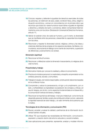 16 CONFERENCIA EPISCOPAL CHILE
FUNDAMENTOS DE LAS BASES CURRICULARES
DE RELIGIÓN CATÓLICA
18.	Conocer, respetar y defender la igualdad de derechos esenciales de todas
las personas, sin distinción de sexo, edad, condición física, etnia, religión o
situación económica, y actuar en concordancia con el principio ético que
reconoce que todos los «seres humanos nacen libres e iguales en dignidad
y derechos y, dotados de razón y conciencia, deben comportarse fraternal-
mente los unos con los otros» (Declaración Universal de Derechos Humanos,
artículo 1º).
19.	Valorar el carácter único de cada ser humano y, por lo tanto, la diversidad
que se manifiesta entre las personas y desarrollar la capacidad de empatía
con los otros.
20.	Reconocer y respetar la diversidad cultural, religiosa y étnica y las ideas y
creencias distintas de las propias en los espacios escolares, familiares y co-
munitarios, reconociendo el diálogo como fuente de crecimiento, superación
de diferencias y acercamiento a la verdad.
Dimensión espiritual
21.	Reconocer la finitud humana.
22.	Reconocer y reflexionar sobre la dimensión trascendente y/o religiosa de la
vida humana.
Proactividad y trabajo
23.	Demostrar interés por conocer la realidad y utilizar el conocimiento.
24.	Practicar la iniciativa personal, la creatividad y el espíritu emprendedor en los
ámbitos personal, escolar y comunitario.
25.	Trabajar en equipo, de manera responsable, construyendo relaciones basadas
en la confianza mutua.
26.	Comprender y valorar la perseverancia, el rigor y el cumplimiento, por un
lado, y la flexibilidad, la originalidad, la aceptación de consejos y críticas y el
asumir riesgos, por el otro, como aspectos fundamentales en el desarrollo y
la consumación exitosa de tareas y trabajos.
27.	Reconocer la importancia del trabajo –manual e intelectual– como forma de
desarrollo personal, familiar, social y de contribución al bien común, valorando
la dignidad esencial de todo trabajo, y el valor eminente de la persona que
lo realiza.
Tecnologías de la información y comunicación (TIC)
28.	Buscar, acceder y evaluar la calidad y pertinencia de la información de di-
versas fuentes virtuales.
29.	Utilizar TIC que resuelvan las necesidades de información, comunicación,
expresión y creación dentro del entorno educativo y social inmediato.
30.	Usar aplicaciones para presentar, representar, analizar y modelar informa-
 