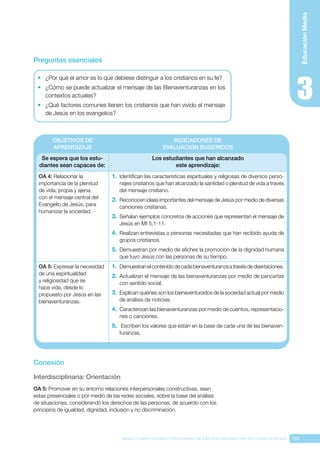 195
BASES CURRICULARES Y PROGRAMA DE ESTUDIO ASIGNATURA RELIGIÓN CATÓLICA
Educación
Media
Preguntas esenciales
•	 ¿Por qué el amor es lo que debiese distinguir a los cristianos en su fe?
•	 ¿Cómo se puede actualizar el mensaje de las Bienaventuranzas en los
contextos actuales?
•	 ¿Qué factores comunes tienen los cristianos que han vivido el mensaje
de Jesús en los evangelios?
OBJETIVOS DE
APRENDIZAJE
INDICADORES DE
EVALUACIÓN SUGERIDOS
Se espera que los estu-
diantes sean capaces de:
Los estudiantes que han alcanzado
este aprendizaje:
OA 4: Relacionar la
importancia de la plenitud
de vida, propia y ajena,
con el mensaje central del
Evangelio de Jesús, para
humanizar la sociedad.
1.	 Identifican las características espirituales y religiosas de diversos perso-
najes cristianos que han alcanzado la santidad o plenitud de vida a través
del mensaje cristiano.
2.	 Reconocen ideas importantes del mensaje de Jesús por medio de diversas
canciones cristianas.
3.	 Señalan ejemplos concretos de acciones que representan el mensaje de
Jesús en Mt 5,1-11.
4.	 Realizan entrevistas a personas necesitadas que han recibido ayuda de
grupos cristianos.
5.	 Demuestran por medio de afiches la promoción de la dignidad humana
que tuvo Jesús con las personas de su tiempo.
OA 5: Expresar la necesidad
de una espiritualidad
y religiosidad que se
hace vida, desde lo
propuesto por Jesús en las
bienaventuranzas.
1.	 Demuestranelcontenidodecadabienaventuranzaatravésdedisertaciones.
2.	 Actualizan el mensaje de las bienaventuranzas por medio de pancartas
con sentido social.
3.	 Explican quiénes son los bienaventurados de la sociedad actual por medio
de análisis de noticias.
4.	 Caracterizan las bienaventuranzas por medio de cuentos, representacio-
nes o canciones.
5.	 Escriben los valores que están en la base de cada una de las bienaven-
turanzas.
Conexión
Interdisciplinaria: Orientación
OA 5: Promover en su entorno relaciones interpersonales constructivas, sean
estas presenciales o por medio de las redes sociales, sobre la base del análisis
de situaciones, considerando los derechos de las personas, de acuerdo con los
principios de igualdad, dignidad, inclusión y no discriminación.
 