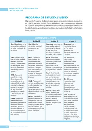 202 CONFERENCIA EPISCOPAL CHILE
BASES CURRICULARES DE RELIGIÓN
CATÓLICA (BCRC)
PROGRAMA DE ESTUDIO 2° MEDIO
El presente Programa de Estudio se organiza en cuatro unidades, que cubren
en total 38 semanas del año. Cada unidad está compuesta por una selección
de Objetivos de Aprendizaje. Mediante esta planificación se logra la totalidad de
los Objetivos de Aprendizaje de las Bases Curriculares de Religión del año para
la asignatura.
DISTRIBUCIÓN ANUAL
Unidad 1 Unidad 2 Unidad 3 Unidad 4
Gran idea: La persona
humana ha modificado
su entorno a través de
la cultura.
Gran idea: La
dimensión espiritual
religiosa del ser
humano.
Gran idea: Los cristianos
estamos llamados al
servicio de los demás,
lo que permite la
construcción de una
sociedad más inclusiva.
Gran idea: Las
respuestas desde
el Evangelio a
las preguntas
fundamentales del ser
humano
OA 1: Reconocer la
cultura como creación
del ser humano en
cuanto a través de ella
se despliega lo más
propio que todas las
personas podemos
aportar.
OA 3: Expresar la
relación entre las
dimensiones de la
persona humana, en
especial la dimensión
espiritual y religiosa,
para la construcción
de una sociedad
basada en el respeto
y promoción del ser
humano.
OAA 6: Interesarse
por exponer ideas,
opiniones y propuestas
diferentes desde la
fe católica, evitando
respuestas fáciles o
moralizantes respecto
de los problemas de la
vida humana.
OA 3: Expresar la
relación entre las
dimensiones de la
persona humana, en
especial la dimensión
espiritual y religiosa,
para la construcción
de una sociedad
basada en el respeto
y promoción del ser
humano
OA 2: Proponer el
servicio social como un
medio para alcanzar
una cultura más
humanizante y con una
clara interrelación con la
naturaleza.
OAA 2: Fomentar la
propia vida espiritual
que permite mejorar
el encuentro consigo
mismo y con los demás
en toda persona, y al
mismo tiempo con Dios,
en los creyentes.
OA 4: Analizar las
diversas vocaciones
cristianas, y relacionar
las respuestas
personales con el
servicio a los demás y el
compromiso ciudadano.
OA 1: Reconocer la
cultura como creación
del ser humano en
cuanto a través de ella
se despliega lo más
propio que todas las
personas podemos
aportar.
OAA 5: Identificar la
matriz religiosa que
subyace a la respuesta
que dan los cristianos
frente a distintas
problemáticas de
miseria, marginación e
injusticia.
OA 5: Formular
preguntas y
atisbar respuestas
a interrogantes
fundamentales del ser
humano en relación al
sentido de la vida y su
misión en el mundo,
buscando la asistencia
del Espíritu Santo.
OA 6: Evaluar
respuestas a las
interrogantes
fundamentales
formuladas en el
Evangelio y la tradición
cristiana.
OAA 4: Conocer,
interpretar y valorar
como razonables las
respuestas cristianas
a las preguntas
fundamentales
del ser humano,
comparándolas con
la cosmovisión de los
pueblos originarios
del país y con otras
perspectivas éticas y/o
religiosas.
 