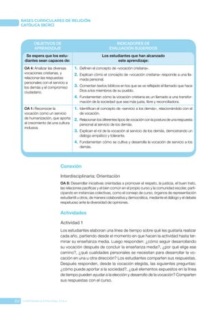 212 CONFERENCIA EPISCOPAL CHILE
BASES CURRICULARES DE RELIGIÓN
CATÓLICA (BCRC)
OBJETIVOS DE
APRENDIZAJE
INDICADORES DE
EVALUACIÓN SUGERIDOS
Se espera que los estu-
diantes sean capaces de:
Los estudiantes que han alcanzado
este aprendizaje:
OA 4: Analizar las diversas
vocaciones cristianas, y
relacionar las respuestas
personales con el servicio a
los demás y el compromiso
ciudadano.
1.	 Definen el concepto de «vocación cristiana».
2.	 Explican cómo el concepto de «vocación cristiana» responde a una lla-
mada personal.
3.	 Comentan textos bíblicos en los que se ve reflejado el llamado que hace
Dios a los miembros de su pueblo.
4.	 Fundamentan cómo la vocación cristiana es un llamado a una transfor-
mación de la sociedad que sea más justa, libre y reconciliadora.
OA 1: Reconocer la
vocación como un servicio
de humanización, que aporta
al crecimiento de una cultura
inclusiva.
1.	 Identifican el concepto de «servicio a los demás», relacionándolo con el
de vocación.
2.	 Relacionan los diferentes tipos de vocación con la postura de una respuesta
personal al servicio de los demás.
3.	 Explican el rol de la vocación al servicio de los demás, demostrando un
diálogo empático y tolerante.
4.	 Fundamentan cómo se cultiva y desarrolla la vocación de servicio a los
demás.
Conexión
Interdisciplinaria: Orientación
OA 8: Desarrollar iniciativas orientadas a promover el respeto, la justicia, el buen trato,
las relaciones pacíficas y el bien común en el propio curso y la comunidad escolar, parti-
cipando en instancias colectivas, como el consejo de curso, órganos de representación
estudiantil u otros, de manera colaborativa y democrática, mediante el diálogo y el debate
respetuoso ante la diversidad de opiniones.
Actividades
Actividad 1
Los estudiantes elaboran una línea de tiempo sobre qué les gustaría realizar
cada año, partiendo desde el momento en que hacen la actividad hasta ter-
minar su enseñanza media. Luego responden: ¿cómo seguir desarrollando
su vocación después de concluir la enseñanza media?, ¿por qué elige ese
camino?, ¿qué cualidades personales se necesitan para desarrollar la vo-
cación en una u otra dirección? Los estudiantes comparten sus respuestas.
Después responden, desde la vocación elegida, las siguientes preguntas:
¿cómo puede aportar a la sociedad?, ¿qué elementos expuestos en la línea
de tiempo pueden ayudar a la elección y desarrollo de la vocación? Comparten
sus respuestas con el curso.
 