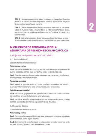 45
BASES CURRICULARES Y PROGRAMA DE ESTUDIO ASIGNATURA RELIGIÓN CATÓLICA
OAA 6: Interesarse por exponer ideas, opiniones y propuestas diferentes
desde la fe católica evitando respuestas fáciles o moralizantes respecto
de los problemas de la vida humana.
OAA 7: Ofrecer respuestas a las problemáticas de la justicia y la frater-
nidad de nuestro medio, integrando en la vida la enseñanza de éticas
humanizadoras para todos y del Pensamiento Social de la Iglesia para
los creyentes.
OAA 8: Valorar la necesidad de ser consecuentes entre lo que se cree y
se vive teniendo como referente la vida y predicación de Jesús de Nazaret.
IV. OBJETIVOS DE APRENDIZAJE DE LA
ASIGNATURA DE RELIGIÓN ESCOLAR CATÓLICA
1. Objetivos de Aprendizaje de 1° a 6° básico
1.1. Primero Básico
Los estudiantes serán capaces de:
Naturaleza y cultura
OA 1: Identificar acciones de cuidado y respeto a los demás y a la naturaleza en
cuanto creados por Dios, para compartir y crecer en calidad de vida.
OA 2: Describir aspectos de sus propias relaciones con los demás y la naturaleza,
favoreciendo su desarrollo humano.
Persona y sociedad
OA 3: Identificar las características con las que Dios ha creado al ser humano,
que le permiten relacionarse en la familia, la escuela y la sociedad.
Religión y espiritualidad
OA 4: Reconocer y agradecer el surgimiento de la vida como una acción crea-
dora de Dios, en cuanto fruto de su amor y bondad.
OA 5: Identificar, a través de buenas experiencias, la ternura, el cuidado y cariño
de Dios, expresadas de manera especial en la vida de Jesús.
1.2 Segundo Básico
Los estudiantes serán capaces de:
Naturaleza y cultura
OA 1: Reconocer la responsabilidad que tiene la persona humana en el cuidado
de la naturaleza, como regalo de Dios.
OA 2: Comprender la importancia de la colaboración entre las personas, en la
escuela, la casa y el barrio, para enriquecer la cultura.
 