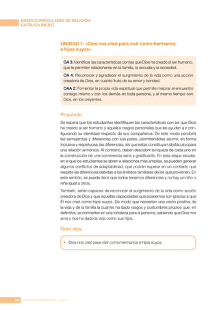 54 CONFERENCIA EPISCOPAL CHILE
BASES CURRICULARES DE RELIGIÓN
CATÓLICA (BCRC)
UNIDAD 1: «Dios nos creó para vivir como hermanos
e hijos suyos»
OA 3: Identificar las características con las que Dios ha creado al ser humano,
que le permiten relacionarse en la familia, la escuela y la sociedad.
OA 4: Reconocer y agradecer el surgimiento de la vida como una acción
creadora de Dios, en cuanto fruto de su amor y bondad.
OAA 2: Fomentar la propia vida espiritual que permite mejorar el encuentro
consigo mismo y con los demás en toda persona, y al mismo tiempo con
Dios, en los creyentes.
Propósito
Se espera que los estudiantes identifiquen las características con las que Dios
ha creado al ser humano y aquellos rasgos personales que les ayuden a ir con-
figurando su identidad respecto de sus compañeros. De este modo percibirá
las semejanzas y diferencias con sus pares, permitiéndoles asumir, en forma
inclusiva y respetuosa, las diferencias, sin que estas constituyan obstáculos para
una relación armónica. Al contrario, deben descubrir la riqueza de cada uno en
la construcción de una convivencia sana y gratificante. En esta etapa escolar,
en la que los estudiantes se abren a relaciones más amplias, se pueden generar
algunos conflictos de adaptabilidad, que podrán superar en un contexto que
respete las diferencias debidas a los ámbitos familiares de los que provienen. En
este sentido, se puede decir que todos tenemos diferencias y no hay un niño o
niña igual a otros.
También, serán capaces de reconocer el surgimiento de la vida como acción
creadora de Dios y que aquellas capacidades que poseemos son gracias a que
Él nos creó como hijos suyos. De modo que necesitan una visión positiva de
la vida y de la familia la cual les ha dado rasgos y costumbres propios que, en
definitiva, se convierten en una fortaleza para la persona, sabiendo que Dios nos
ama y nos ha dado la vida como sus hijos.
Gran idea
•	 Dios nos creó para vivir como hermanos e hijos suyos.
 