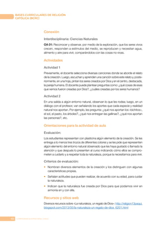 60 CONFERENCIA EPISCOPAL CHILE
BASES CURRICULARES DE RELIGIÓN
CATÓLICA (BCRC)
Conexión
Interdisciplinaria: Ciencias Naturales
OA 01: Reconocer y observar, por medio de la exploración, que los seres vivos
crecen, responden a estímulos del medio, se reproducen y necesitan agua,
alimento y aire para vivir, comparándolos con las cosas no vivas.
Actividades
Actividad 1
Previamente, el docente selecciona diversas canciones donde se aborde el relato
de la creación. Luego, escuchan y aprenden una canción sobre este relato y, poste-
riormente, en una hoja, pintan los seres creados por Dios y en el centro, destacada,
la pareja humana. El docente puede plantear preguntas como: ¿qué cosas de esas
que vemos fueron creadas por Dios?, ¿cuáles creadas por los seres humanos?
Actividad 2
En una salida a algún entorno natural, observan lo que les rodea; luego, en un
diálogo con el profesor, van señalando los aportes que cada especie y realidad
natural nos aportan. Por ejemplo, les pregunta: ¿qué nos aportan los «bichitos»,
el sol, el pasto, los árboles?, ¿qué nos entregan las gallinas?, ¿qué nos aportan
las personas?, etc.
Orientaciones para la actividad de aula
Evaluación:
Los estudiantes representan con plasticina algún elemento de la creación. Se les
entrega a lo menos tres trozos de diferentes colores y se les pide que representen
algún elemento del entorno natural observado que les haya gustado o llamado la
atención y que después lo presenten al curso indicando cómo ellos se compro-
meten a cuidarlo y a respetar toda la naturaleza, porque la necesitamos para vivir.
Criterios de evaluación:
•	 Nombran diversos elementos de la creación y los distinguen con algunas
características propias.
•	 Señalan actitudes que pueden realizar, de acuerdo con su edad, para cuidar
la naturaleza.
•	 Indican que la naturaleza fue creada por Dios para que podamos vivir en
armonía en y con ella.
Recursos y sitios web
Diversos recursos sobre «La naturaleza, un regalo de Dios»: http://religion13paqui.
blogspot.com/2013/05/la-naturaleza-un-regalo-de-dios_6201.html
 