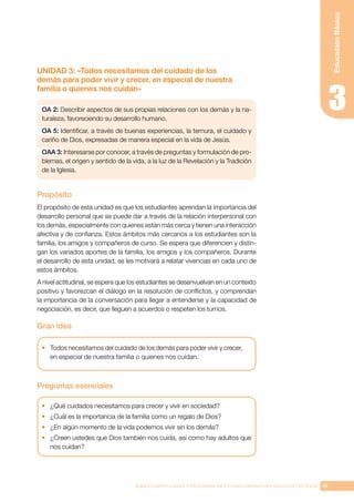 61
BASES CURRICULARES Y PROGRAMA DE ESTUDIO ASIGNATURA RELIGIÓN CATÓLICA
Educación
Básica
UNIDAD 3: «Todos necesitamos del cuidado de los
demás para poder vivir y crecer, en especial de nuestra
familia o quienes nos cuidan»
OA 2: Describir aspectos de sus propias relaciones con los demás y la na-
turaleza, favoreciendo su desarrollo humano.
OA 5: Identificar, a través de buenas experiencias, la ternura, el cuidado y
cariño de Dios, expresadas de manera especial en la vida de Jesús.
OAA 3: Interesarse por conocer, a través de preguntas y formulación de pro-
blemas, el origen y sentido de la vida, a la luz de la Revelación y la Tradición
de la Iglesia.
Propósito
El propósito de esta unidad es que los estudiantes aprendan la importancia del
desarrollo personal que se puede dar a través de la relación interpersonal con
los demás, especialmente con quienes están más cerca y tienen una interacción
afectiva y de confianza. Estos ámbitos más cercanos a los estudiantes son la
familia, los amigos y compañeros de curso. Se espera que diferencien y distin-
gan los variados aportes de la familia, los amigos y los compañeros. Durante
el desarrollo de esta unidad, se les motivará a relatar vivencias en cada uno de
estos ámbitos.
A nivel actitudinal, se espera que los estudiantes se desenvuelvan en un contexto
positivo y favorezcan el diálogo en la resolución de conflictos, y comprendan
la importancia de la conversación para llegar a entenderse y la capacidad de
negociación, es decir, que lleguen a acuerdos o respeten los turnos.
Gran idea
•	 Todos necesitamos del cuidado de los demás para poder vivir y crecer,
en especial de nuestra familia o quienes nos cuidan.
Preguntas esenciales
•	 ¿Qué cuidados necesitamos para crecer y vivir en sociedad?
•	 ¿Cuál es la importancia de la familia como un regalo de Dios?
•	 ¿En algún momento de la vida podemos vivir sin los demás?
•	 ¿Creen ustedes que Dios también nos cuida, así como hay adultos que
nos cuidan?
 