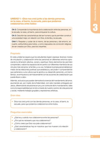 69
BASES CURRICULARES Y PROGRAMA DE ESTUDIO ASIGNATURA RELIGIÓN CATÓLICA
Educación
Básica
UNIDAD 1: «Dios nos creó junto a las demás personas,
en la casa, el barrio, la escuela, para que podamos
colaborarnos entre todos»
OA 2: Comprender la importancia de la colaboración entre las personas, en
la escuela, la casa y el barrio, para enriquecer la cultura.
OA 3: Describir las características del ser humano que le permiten construir
una sociedad mejor, en relación con Dios, la familia y la escuela.
OAA 1: Respetar y cuidar de sí mismo, de las personas y del entorno, en
cuanto, actitud ética para todos, y como respuesta a la convicción religiosa
de ser creados por Dios, para los creyentes.
Propósito
En esta unidad se espera que los estudiantes logren expresar diversos modos
de vinculación y colaboración entre las personas en diferentes entornos apre-
ciando la dimensión afectiva, social y espiritual. Estos elementos les permiten
comprender y valorar los espacios de encuentro con diferentes miembros de sus
círculos más cercanos, la familia y, a su vez, fortalecer la propia personalidad por
medio de las relaciones positivas que establezca y así poder ir comprendiendo
que pertenece a una cultura que le aporta a su desarrollo personal y, al mismo
tiempo, se enriquece su ser trascendente con las acciones de colaboración que
pueda llevar a cabo.
Además, se busca que puedan demostrar la vivencia del mandamiento del amor,
asumiendo así, por medio de la fraternidad, vivir este mandato entregado por
Jesús, diferenciando situaciones en pro y en contra de dicho mandamiento, tales
como la responsabilidad por el otro a través de nuestro camino de vida personal
y social, mediante trabajos grupales y expresiones artísticas.
Gran idea
•	 Dios nos creó junto con las demás personas, en la casa, el barrio, la
escuela, para que podamos colaborarnos entre todos.
Preguntas esenciales
•	 ¿Qué es y cuándo nos colaboramos entre las personas?
•	 ¿Por qué es necesario que nos colaboremos?
•	 ¿Cómo crees que Dios nos pide colaborarnos?
•	 ¿Qué características hay en nosotros que nos mueven a la relación
y colaboración?
 