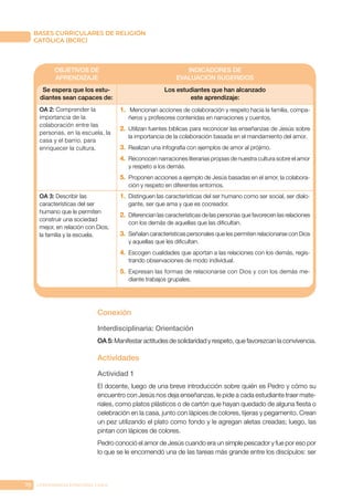 70 CONFERENCIA EPISCOPAL CHILE
BASES CURRICULARES DE RELIGIÓN
CATÓLICA (BCRC)
OBJETIVOS DE
APRENDIZAJE
INDICADORES DE
EVALUACIÓN SUGERIDOS
Se espera que los estu-
diantes sean capaces de:
Los estudiantes que han alcanzado
este aprendizaje:
OA 2: Comprender la
importancia de la
colaboración entre las
personas, en la escuela, la
casa y el barrio, para
enriquecer la cultura.
1. Mencionan acciones de colaboración y respeto hacia la familia, compa-
ñeros y profesores contenidas en narraciones y cuentos.
2. Utilizan fuentes bíblicas para reconocer las enseñanzas de Jesús sobre
la importancia de la colaboración basada en el mandamiento del amor.
3. Realizan una infografía con ejemplos de amor al prójimo.
4. Reconocen narraciones literarias propias de nuestra cultura sobre el amor
y respeto a los demás.
5. Proponen acciones a ejemplo de Jesús basadas en el amor, la colabora-
ción y respeto en diferentes entornos.
OA 3: Describir las
características del ser
humano que le permiten
construir una sociedad
mejor, en relación con Dios,
la familia y la escuela.
1. Distinguen las características del ser humano como ser social, ser dialo-
gante, ser que ama y que es cocreador.
2. Diferencian las características de las personas que favorecen las relaciones
con los demás de aquellas que las dificultan.
3. Señalan características personales que les permiten relacionarse con Dios
y aquellas que les dificultan.
4. Escogen cualidades que aportan a las relaciones con los demás, regis-
trando observaciones de modo individual.
5. Expresan las formas de relacionarse con Dios y con los demás me-
diante trabajos grupales.
Conexión
Interdisciplinaria: Orientación
OA 5: Manifestar actitudes de solidaridad y respeto, que favorezcan la convivencia.
Actividades
Actividad 1
El docente, luego de una breve introducción sobre quién es Pedro y cómo su
encuentro con Jesús nos deja enseñanzas, le pide a cada estudiante traer mate-
riales, como platos plásticos o de cartón que hayan quedado de alguna fiesta o
celebración en la casa, junto con lápices de colores, tijeras y pegamento. Crean
un pez utilizando el plato como fondo y le agregan aletas creadas; luego, las
pintan con lápices de colores.
Pedro conoció el amor de Jesús cuando era un simple pescador y fue por eso por
lo que se le encomendó una de las tareas más grande entre los discípulos: ser
 