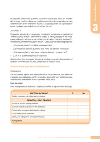 71
BASES CURRICULARES Y PROGRAMA DE ESTUDIO ASIGNATURA RELIGIÓN CATÓLICA
Educación
Básica
un pescador de hombres que invita a que otros conozcan a Jesús. En el centro
de cada pez pueden colocar sus nombres como símbolo de que ellos también
están llamados a vivir en el amor de Dios. Los peces pueden ser expuestos en
la sala de clases o en el diario mural del mes del mar.
Actividad 2
El docente, a través de un powerpoint con dibujos, va relatando la parábola del
«Pobre Lázaro y el Rico», adecuando el texto a la edad y proceso de los niños.
Luego, dialoga con el curso en torno a la acción de cada uno de ellos, su situación,
necesidades, circunstancias y cómo actúan. Puede utilizar las siguientes preguntas:
•	 ¿Cómo era la situación inicial de estas personas?
•	 ¿Cómo actuó la persona que tenía todo frente a la persona necesitada?
•	 ¿Qué hubiesen hecho ustedes en cada una de estas circunstancias?
•	 ¿Qué es lo que Dios espera que hagamos?
Solicitar a los niños representar a través de un dibujo su propia interpretación del
relato en circunstancias actuales, dibujando sus barrios y casa.
Orientaciones para la actividad de aula
Evaluación:
Los estudiantes, a partir de la motivación sobre Pedro, elaboran, con diferentes
materiales (como plásticos, cartón, entre otros que puedan ser reutilizables), una
acción donde demuestren el amor de Pedro hacia Jesús.
Lista de cotejo
Para este ejemplo de evaluación, se propone utilizar la siguiente lista de cotejo:
MATERIAL DE APOYO Sí No
Trae los materiales solicitados por la profesora.
DESARROLLO DEL TRABAJO
Trabaja de manera limpia y ordenada.
Es creativo desde su propio modelo de trabajo.
Relaciona los conceptos dialogados en clases.
Utiliza diversidad de materiales.
Concluye el trabajo en el tiempo determinado.
Puntaje total
 