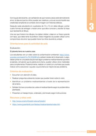 75
BASES CURRICULARES Y PROGRAMA DE ESTUDIO ASIGNATURA RELIGIÓN CATÓLICA
Educación
Básica
Con la guía del docente, van señalando de qué manera Jesús está demostrando
amor, la idea es que los niños puedan ser creativos y a la vez se acompañe esa
creatividad ampliando el contexto de la imagen con historias bíblicas.
Después cada estudiante en cuadrados de 10 x 10 cm debe dibujar y pintar
cuatro formas de entregar o recibir amor que ellos conocen y escribir la frase
que representa al dibujo.
Una vez que hicieron los dibujos, los deben doblar y dejar en un frasco grande
con tapa, que debe tener el profesor. Estas imágenes se pueden utilizar como
compromisos de amor que pueden tener los niños durante la unidad.
Orientaciones para la actividad de aula
Evaluación:
El planeta tierra es nuestra casa
Los estudiantes ven un video sobre la contaminación ambiental: https://www.
youtube.com/watch?v=TV-YEQOIFuQ y aclaran dudas de lo observado. Luego,
deben pintar en una pelota de plumavit algún problema medioambiental que tiene
el planeta, simulando que la pelota es la tierra, pueden utilizar otros materiales
para complementar. Posteriormente, realizan un cartel con una frase que pueda
indicar cómo solucionar o ayudar a que la tierra se mejore de ese problema.
Criterios de evaluación:
•	 Escuchan con atención el video.
•	 Realizan preguntas aclarando dudas que puedan tener sobre lo visto.
•	 Identifican un problema medioambiental a través de la representación
de la tierra.
•	 Señalan formas concretas de cuidar el medioambiente según la problemática
planteada.
•	 Presentan un trabajo limpio, ordenado y terminado según instrucciones
Recursos y sitios web
•	 http://www.conaf.cl/forestin-educa/forestin/
•	 https://www.guiainfantil.com/fiestas/medioambiente/index.htm
 