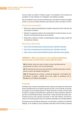 88 CONFERENCIA EPISCOPAL CHILE
BASES CURRICULARES DE RELIGIÓN
CATÓLICA (BCRC)
de dos meses, ya nadie lo invitaba a jugar ni conversaba con él; tampoco le
ayudaban con las materias ni lo integraban a los trabajos grupales.
Así, el compañero nuevo comenzó a sentirse solo, ya le había ocurrido en el colegio
anterior y por eso se había cambiado, pero ahora le volvía a suceder lo mismo.
Criterios de evaluación:
• Aplican los valores de solidaridad y empatía a situaciones de la vida real y de
sus propios contextos.
• Señalan los aspectos positivos de la diversidad en la vida humana y su con-
tribución a la felicidad personal y de los demás.
• Responden a dilemas morales, contextualizados según su edad, a partir de
la enseñanza cristiana.
Recursos y sitios web
• http://www.vicariaeducacion.cl/docs/Inclusion_identidad_web.pdf.
• http://www.vicariaeducacion.cl/docs/Inclusion_identidad_web.pdf.
• https://www.unicef.es/educa/biblioteca/todos-diferentes-todos-iguales.
UNIDAD 2: «Dios nos enseña a vivir nuestras relaciones,
favoreciendo el crecimiento y desarrollo de todos»
OA 3: Explicar cómo se crece humana, social y familiarmente al
relacionarse con Dios y vivir sus enseñanzas.
OA 2: Describir las acciones que favorecen el desarrollo propio y de los
demas, a partir de pasajes evangelicos.
OAA 3: Interesarse por conocer, a través de preguntas y formulación de
pro-blemas, el origen y sentido de la vida, según la enseñanza de la
Revelación y la Tradición de la Iglesia.
Propósito
Al finalizar esta unidad, los estudiantes serán capaces de explicar la importancia
de las interrelaciones en los diversos grupos de vida, como la familia, la escuela,
los amigos y la comunidad cristiana. En estas relaciones, tomarán conciencia de
los signos y códigos de identificación y pertenencia. Esto los llevará a descubrir
que hay una diversidad de ideas, costumbres, modos de hacer las cosas y sen-
timientos que los unen a grupos que tienen un alto valor afectivo, emocional y
cultural. Uno de estos grupos es la comunidad de creyentes o comunidad cristiana.
Se espera que los estudiantes adquieran una valoración y respeto por la libertad
religiosa, en la medida en que se respeten entre ellos mismos frente a diversas
 
