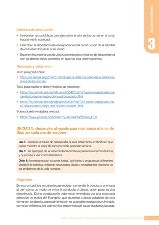 91
BASES CURRICULARES Y PROGRAMA DE ESTUDIO ASIGNATURA RELIGIÓN CATÓLICA
Educación
Básica
Criterios de evaluación:
•	 Interpretan textos bíblicos para demostrar el valor de los demás en la cons-
trucción de la sociedad.
•	 Describen la importancia de cada persona en la construcción de la felicidad
de cada miembro de la comunidad.
•	 Exponen las enseñanzas de Jesús sobre modos cristianos de relacionarnos
con los demás en los contextos en que nos toca desenvolvernos.
Recursos y sitios web
Texto para profundizar:
•	 https://es.aleteia.org/2014/01/20/de-jesus-debemos-aprender-a-relacionar-
nos-con-los-demas/
Texto para reparar el daño y mejorar las relaciones:
•	 https://es.catholic.net/op/articulos/63542/cat/70/5-pasos-espirituales-pa-
ra-relacionarnos-mejor-con-nuestro-pecado-.html
•	 https://es.catholic.net/op/articulos/63542/cat/70/5-pasos-espirituales-pa-
ra-relacionarnos-mejor-con-nuestro-pecado-.html
Video sobre la verdadera amistad:
•	 https://www.youtube.com/watch?v=RLtnwPsomPU&t=419s
UNIDAD 3: «Jesús vino al mundo para mostrarnos el amor de
Dios por cada uno de nosotros»
OA 6: Destacar, a través de pasajes del Nuevo Testamento, el modo en que
Jesús muestra el amor de Dios por toda persona humana.
OA 5: Dar ejemplos de la vida cotidiana donde se presencie el amor de Dios
y que invite a vivir como hermanos.
OAA 6: Interesarse por exponer ideas, opiniones y propuestas diferentes
desde la fe católica, evitando respuestas fáciles o moralizantes respecto de
los problemas de la vida humana.
Propósito
En esta unidad, los estudiantes aprenderán a entender la conducta orientada
al bien como un modo de imitar la conducta de Jesús, quien pasó su vida
ejerciéndola. Dicha constatación debe estar refrendada por una adecuada
selección de textos del Evangelio, que muestran a Jesús actuando de esta
forma con los demás, especialmente con los que están en situación vulnerable,
como los enfermos, los pobres y los arrepentidos de su conducta equivocada,
 
