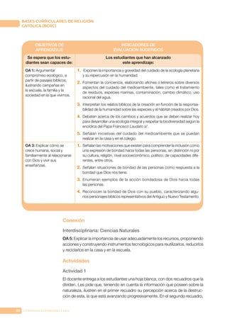 96 CONFERENCIA EPISCOPAL CHILE
BASES CURRICULARES DE RELIGIÓN
CATÓLICA (BCRC)
OBJETIVOS DE
APRENDIZAJE
INDICADORES DE
EVALUACIÓN SUGERIDOS
Se espera que los estu-
diantes sean capaces de:
Los estudiantes que han alcanzado
este aprendizaje:
OA 1: Argumentar
compromiso ecológico, a
partir de pasajes bíblicos,
ilustrando campañas en
la escuela, la familia y la
sociedad en la que vivimos.
1.	 Exponen la importancia y gravedad del cuidado de la ecología planetaria
y su repercusión en la humanidad.
2.	 Fomentan la conciencia, elaborando afiches o letreros sobre diversos
aspectos del cuidado del medioambiente, tales como el tratamiento
de residuos, especies marinas, contaminación, cambio climático, uso
racional del agua.
3.	 Interpretan los relatos bíblicos de la creación en función de la responsa-
bilidad de la humanidad sobre las especies y el hábitat creados por Dios.
4.	 Debaten acerca de los cambios y acuerdos que se deben realizar hoy
para desarrollar una ecología integral y respetar la biodiversidad según la
encíclica del Papa Francisco Laudato si’.
5.	 Señalan iniciativas del cuidado del medioambiente que se puedan
realizar en la casa y en el colegio.
OA 3: Explicar cómo se
crece humana, social y
familiarmente al relacionarse
con Dios y vivir sus
enseñanzas.
1.	 Señalan las motivaciones que existen para comprender la inclusión como
una expresión de bondad hacia todas las personas, sin distinción ni por
su cultura, religión, nivel socioeconómico, político, de capacidades dife-
rentes, entre otros.
2.	 Señalan situaciones de bondad de las personas como respuesta a la
bondad que Dios nos tiene.
3.	 Enumeran ejemplos de la acción bondadosa de Dios hacia todas
las personas.
4.	 Reconocen la bondad de Dios con su pueblo, caracterizando algu-
nos personajes bíblicos representativos del Antiguo y Nuevo Testamento.
Conexión
Interdisciplinaria: Ciencias Naturales
OA 5: Explicar la importancia de usar adecuadamente los recursos, proponiendo
acciones y construyendo instrumentos tecnológicos para reutilizarlos, reducirlos
y reciclarlos en la casa y en la escuela.
Actividades
Actividad 1
El docente entrega a los estudiantes una hoja blanca, con dos recuadros que la
dividen. Les pide que, teniendo en cuenta la información que poseen sobre la
naturaleza, ilustren en el primer recuadro su percepción acerca de la destruc-
ción de esta, la que está avanzando progresivamente. En el segundo recuadro,
 