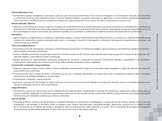 9
Ciencias Naturales: Física
• Comprende el análisis investigativo, experimental, aplicado como elemento transformador de los recursos estratégicos en los fenómenos naturales, para describirlo
y cuantificarlo de forma básica mediante la Física a través del método científico, ecuaciones matemáticas y algebraicas, al mismo tiempo comprende los fenómenos
Físicos, Químicos y sus diferencias en el cuidado de la Madre Tierra para el desarrollo de los sistemas de vida y su estructura en los seres vivos.
Ciencias Naturales: Química
• Aplica los conocimientos de la química orgánica e inorgánica en la transformación de la materia valorando la convivencia armónica y la interdependencia mediante los
procedimientos sistemáticos de manera experimental, creativa y propositiva en la preservación del medio ambiente, desarrollando un espíritu emprendedor con el uso
de las tecnologías de manera sustentables que permitan responder a las necesidades y problemáticas mediante proyectos Sociocomunitarios y productivos.
Matemática
• Aplica el álgebra, la trigonometría, la estadística, la geometría analítica, nociones elementales de matemática financiera y el cálculo en la resolución de problemas del
contexto con compromiso y justicia social generando ciencia y tecnología a través de la investigación y elaboración de proyectos socioproductivos orientados a la
transformación de la realidad.
Técnica Tecnológica General
• Desarrolla procesos de investigación, innovación y emprendimientos productivos con enfoque tecnológico, sociocomunitario y socioambiental, desde las vocaciones y
potencialidades productivas territoriales.
• Analiza e identifica los distintos procesos que componen la dinámica productiva del contexto, desarrollando aprendizajes que generen situaciones de producción real
aplicando saberes y conocimientos locales y universales.
• Plantea proyectos de emprendimiento productivo, propuesta de innovación y desarrollo de prácticas comunitarias laborales, respondiendo a las demandas,
problemáticas y necesidades del contexto a partir de las potencialidades productivas locales y regionales.
Comunicación y Lenguajes: Lengua Castellana
• Redacta y argumenta diversos textos orales y escritos empleando correctamente los signos de puntuación, reglas ortográficas y reglas de redacción con intención
comunicativa clara y coherente.
• Practica distintos tipos y niveles de lectura comprensiva ya sea oral o silenciosa, apoyándose en técnicas de estudio y herramientas digitales según el contexto
sociocultural y las prácticas dialógicas en la comunidad.
• Comunicación y Lenguajes: Lengua Originaria
• Construye conversaciones elementales en lengua originaria, en el marco de la comunicación dialógica y la producción de textos cortos en actividades cotidianas que
afirman su identidad cultural de manera permanente.
Lengua Extranjera
• Se comunica y expresa de manera oral y escrita mediante diversos tipos de textos, interpretando la intención del interlocutor, organizando y desarrollando ideas en
torno a su realidad, empleando un vocabulario especializado y construcciones gramaticales variadas y pertinentes, reflexionando y evaluando lo escuchado participando
de forma activa en actividades cotidianas que afirmen su identidad.
Ciencias Sociales
• Interpreta la historia universal, de Latinoamérica y de Bolivia dotándose de instrumentos metodológicos y conceptuales de las Ciencias Sociales, como la historia,
la geografía, la antropología, la economía, desde un enfoque crítico, integral, descolonizador y despatriarcalizador, adquiriendo conciencia de su realidad a través
de su introducción en los debates de temáticas emergentes como la destrucción del medio ambiente y la madre tierra, la necesidad de protegerla, la integración
latinoamericana, las identidades bolivianas, la lucha contra la discriminación y todo tipo de violencia.
Planes
y
Programas
de
Educación
Secundaria
Comunitaria
Productiva
 