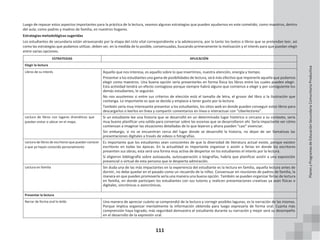 111
Luego de repasar estos aspectos importantes para la práctica de la lectura, veamos algunas estrategias que pueden ayudarnos en este cometido; como maestros, dentro
del aula; como padres y madres de familia, en nuestros hogares.
Estrategias metodológicas sugeridas
Los estudiantes de secundaria están atravesando por la etapa del ciclo vital correspondiente a la adolescencia, por la tanto los textos o libros que se pretendan leer, así
como las estrategias que podamos utilizar, deben ser, en la medida de lo posible, consensuadas, buscando primeramente la motivación y el interés para que puedan elegir
entre varias opciones.
ESTRATEGIAS APLICACIÓN
Elegir la lectura
Libros de su interés Aquello que nos interesa, es aquello sobre lo que invertimos, nuestra atención, energía y tiempo.
Presentar a los estudiantes una gama de posibilidades de lectura, será más efectivo que imponerle aquella que podamos
elegir como maestros. Una buena opción sería presentarles en forma física los libros entre los cuales pueden elegir.
Esta actividad tendrá un efecto contagioso porque siempre habrá alguno que comience a elegir y por consiguiente los
demás estudiantes, le seguirán.
No nos asustemos si entre sus criterios de elección está el tamaño de letra, el grosor del libro o la ilustración que
contenga. Lo importante es que se decida y empiece a tener gusto por la lectura.
También sería muy interesante presentar a los estudiantes, los sitios web en donde pueden conseguir estos libros para
descargarlos o leerlos en línea y compartir comentarios en línea o interactuar con “ciberlectores”.
Lectura de libros con lugares dramáticos que
puedan visitar o ubicar en el mapa.
Si un estudiante lee una historia que se desarrolló en un determinado lugar histórico o cercano a su contexto, sería
muy bueno planificar una salida para conversar sobre las escenas que se desarrollaron ahí. Sería impactante ver cómo
comienzan a imaginar las situaciones detalladas de lo que leyeron y ahora pueden “casi” vivenciar.
Sin embargo, si no se encuentran cerca del lugar donde se desarrolló la historia, no dejan de ser llamativas las
presentaciones digitales a través de videos o fotografías.
Lectura de libros de escritores que puedan conocer
o que ya hayan conocido personalmente
Es importante que los estudiantes sean conscientes de que la diversidad de literatura actual existe, porque existen
escritores en todas las épocas. En la actualidad es importante organizar o asistir a ferias en donde los escritores
presenten sus obras; esta será una forma muy activa de despertar en los estudiantes el interés por la lectura.
Si eligieron bibliografía sobre autoayuda, autosuperación o biografías, habría que planificar asistir a una exposición
presencial o virtual de esta persona que le despierta admiración.
Lectura en familia Sin duda una de las más impactantes en la experiencia del estudiante es la lectura en familia, aquella lectura antes de
dormir, no debe quedar en el pasado como un recuerdo de la niñez. Consensuar en reuniones de padres de familia, la
manera en que pueden promoverla sería una manera una buena opción. También se pueden organizar ferias de lectura
en familia, en donde participen los estudiantes con sus tutores y realicen presentaciones creativas ya sean físicas o
digitales, sincrónicas o asincrónicas.
Presentar la lectura
Narrar de forma oral lo leído Una manera de apreciar cuánto se comprendió de la lectura y corregir posibles lagunas, es la narración de las mismas.
Porque implica organizar mentalmente la información obtenida para luego expresarla de forma oral. Cuanta más
comprensión haya logrado, más seguridad demuestra el estudiante durante su narración y mejor será su desempeño
en el desarrollo de la expresión oral.
Planes
y
Programas
de
Educación
Secundaria
Comunitaria
Productiva
 