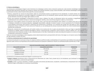 117
4. Criterios metodológicos
Las orientaciones metodológicas integran cuatro momentos en su despliegue: práctica, teoría, valoración y producción, cada momento metodológico expresa un énfasis
particular dentro del proceso educativo, pero siempre en relación con los demás momentos, ya que, al estar articulados, cada momento metodológico contiene a los otros y
su articulación brinda un determinado sentido específico al proceso educativo.
• Práctica, comprende tres maneras de desarrollarla, desde los conocimientos previos y la experiencia de los estudiantes; el contacto directo con la realidad y la
experimentación que despierta la curiosidad, indagación e investigación de las y los estudiantes, quienes aprenden desde la vivencia, generando conocimientos y el
uso de elementos concretos que tengan algún sentido en la vida.
• Teoría, este momento metodológico se desarrolla de manera crítica y reflexiva. Por tanto, la información teórica será asimilada y resignificada a partir de la
problematización de la realidad con base en criterios de investigación científica, entre otras formas de generar saberes y conocimientos.
• Valoración, lo que significa construir una posición crítica de qué, cómo y para qué están desarrollando ciertos saberes, con sentido social, para la vida comunitaria
e individual y constante en el proceso educativo, desplegado, desarrollado y aplicado a la vida en cuanto a su uso y pertinencia. Es el momento de la reflexión
y autorreflexión constructiva, para asimilar la importancia de transformarse y transformar. Es el momento que otorga valor (que aplica un valor y por tanto una
comparación crítica) a la Práctica y la Teoría antes de la Producción; en ese sentido permite articular el proceso reflexivo con el de la transformación presente en el
momento de la producción.
• Producción, momento de la transformación, del cambio creativo, de la construcción de un sujeto con pensamiento crítico que tenga la capacidad de entender y
transformar la realidad, elaborar productos (tecnológicos, teóricos, comunicacionales, productivos, técnico prácticos, artísticos, políticos, etc.), que impacten en la
transformación de las relaciones sociales, la vida, la descolonización, el Vivir Bien, fomentando los niveles de producción basados en la ciencia y la tecnología propia,
considerando su pertinencia e innovación.
Todos los momentos metodológicos están integrados y tienen determinada función y jerarquía dentro del mismo. Esto exige a la o el maestro razonar desde la totalidad
de cada momento e incluye a los otros.
5. Criterios y orientaciones para la evaluación de aprendizajes
Los criterios de evaluación se construyen en base a los objetivos holísticos y perfiles de salida, constituyéndose en los parámetros que establecen las escalas de valoración. El
siguiente cuadro orienta la correspondencia de la escala de valoración en evaluación cualitativa en relación a la cuantitativa donde se pondera del 1 al 100.
ESCALA DE EVALUACIÓN EN BASE A OBJETIVO HOLÍSTICO Y PERFILES DE SALIDA
EVALUACIÓN CUALITATIVA EVALUACIÓN CUANTITATIVA PROMOCIÓN
EN DESARROLLO DEL 20 al 50 RETENIDO
DESARROLLO ACEPTABLE 51 al 67 PROMOVIDO
DESARROLLO ÓPTIMO 68 al 84 PROMOVIDO
DESARROLLO PLENO 85 al 100 PROMOVIDO
La evaluación en el Subsistema de Educación Regular se caracteriza por ser:
• Integral y holística, permitiendo valorar el desarrollo de las dimensiones ser, saber, hacer y decidir de las y los estudiantes; que constituyen la integralidad de la
persona, la comprensión y valoración de aprendizajes.
• Científica, siendo un proceso sistemático y metódico que aplica instrumentos de observación, recopilación, sistematización e interpretación de la información para
identificar logros y dificultades en los procesos de aprendizaje.
Planes
y
Programas
de
Educación
Secundaria
Comunitaria
Productiva
 