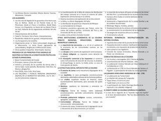 71
• Los Moxos, Baures, Casarabes, Moxos, Baures, Tacanas,
Mosetenes, Tsimanes
LOS GUARANÍES
• Las tres vías de llegada de los guaraníes al territorio que
hoy es Bolivia: desde el río Paraná hasta el río
Pilcomayo, desde el Chaco a Cordillera, desde Mato
Grosso a la Chiquitanía, en busca del Ivy Marey (Tierra
sin mal). Datación de las migraciones alrededor del año
mil dC
• Interpretaciones del Ivy Marei
• Tekoh’a: Territorio, País o Patria. Interpretaciones
• Ñandereko: Modo de ser guaraní. Interpretaciones
• Los Ava-guaraní y los isoseños
• Organización social: la Tenta (comunidad) dirigida por
el Mburuvicha. La tenta Guasú (agrupación de
comunidades), dirigida por el Mburuvicha Guasú
• Otros pueblos chaqueños: Weenhayek, Ayoreos
PRESENCIA DE LOS PRINCIPIOS ÉTICO MORALES DE
NUESTRAS CULTURAS EN LA CONSTITUCIÓN POLÍTICA DEL
ESTADO PLURINACIONAL
• Bases Fundamentales del Estado
• Principios, valores y fines del Estado
• Valores y principios de los pueblos de tierras altas y
tierras bajas: Suma qamaña, Ñandereko, Teko Kavi, Ivy
Marey y qhqpaj ñan.
• Ama Qhilla, Ama Llulla, Ama Suwa
• LAS NACIONES Y PUEBLOS INDÍGENA ORIGINARIOS
(NyPIOS) EN LA NORMATIVA NACIONAL. Ley N. 031 –
Ley de Autonomías Indígenas
• La transformación de la Mita de sistema de distribución
del trabajo comunal en el Incario al sistema de sobre
explotación semiesclavista en la colonia
• Sistema económico de explotación de la mita colonial
• La Mita y su efecto disgregador del Ayllu
• La distribución de provincias tributarias de Mitayos
• La mortandad de los mitayos
• Dinámica económica generada por Potosí, entre las
costas del océano pacífico, virreinato del Perú y del
Virreinato del Río de La Plata
• La plata, como primera moneda mundial
OTRAS INSTITUCIONES ECONÓMICAS DE LA COLONIA:
TRIBUTO INDIGENAL, REDUCCIONES, OBRAJES,
MONOPOLIO COMERCIAL
• La repartición de mercancías y su rol en el quiebre de
la economía de las comunidades cautivas en las
reducciones
• Los obrajes como sistema de explotación semi esclavista.
• El tributo indigenal, un impuesto como derecho de
conquista
• El monopolio comercial y los impuestos al comercio
como instrumentos de exacción de recursos: la alcabala,
el almojarifazgo, la avería, la media anata. La casa de
Contratación de Sevilla
LA ESTRUCTURA SOCIAL IMPUESTA POR LA COLONIA
• El sistema de castas como mecanismo disgregador de la
sociedad
• Los españoles, la casta privilegiada; económicamente
dominanteydetentadoraexclusivadelasfuncionespolíticas
• Los criollos, españoles nacidos en América, clases
económicamente dominantes, pero excluidas del poder
político
• Mestizos, capataces en haciendas y artesanos en
ciudades
• Indígenas; fuerza de trabajo, sobre explotada
económicamente, oprimida culturalmente, denigrada
socialmente
• Pirámide poblacional indígena: curacas, comunarios,
agregados, yanakonas
• Comunidades africanas, fuerza de trabajo sin
remuneración. sobreexplotada
• El sistema de castas; fundamento de la segregación social
y mecanismo de la discriminación y el racismo
• La inserción de esclavos africanos al trabajo en las minas
del Alto Perú. La mortandad de los esclavos en las minas
• Esclavos afros huidos al oriente boliviano de los
bandeirantes
• Aislamiento y fragmentación de la unidad familiar y de
los pueblos secuestrados
• Mestizaje: Negros, mulatos, zambos
• Desplazamientos de los esclavos africanos a los yungas y
su sometimiento a la servidumbre de las haciendas
• Estrategias de resistencia afro en la colonia
• El sincretismo cultural
REFORMAS BORBÓNICAS: REESTRUCTURACIÓN DEL
SISTEMA COLONIAL
• Expulsióndelaordendelosjesuitasdetierrasamericanas
• Impuestos durante la colonia. Clasificación de impuestos.
Incremento a los impuestos de producción en América
• Libre comercio con Inglaterra
• Creación de nuevos virreinatos, (Nueva Granada y La
Plata). Las intendencias
CONFLICTOS SOCIALES EN LA COLONIA
• Los vicuñas y vascongados-1611, Alonzo de Ibañes
• Levantamiento de Antonio Gallardo - 1661
• La sublevación mestiza liderada por Alejo Calatayud en
Cochabamba en 1731
• La Revolución en 1781 en Oruro liderada por Santos y S.
Pagador. La participación de todas las castas oprimidas
LAS GRANDES REBELIONES INDÍGENAS DE 1780 - 1781
• La sublevación de Tomás Katari
• La rebelión del cacique de Tungasuka
• Tupac Amaru. El cerco al Cuzco
• Tupak Katari y el cerco a La Paz
• La participación de Pedro Domingo Murillo en la
represión a los rebeldes indígenas
EL DEBATE SOBRE LA COLONIA ESPAÑOLA EN AMÉRICA
• La tesis de la negación de la “leyenda negra de España”
vs la tesis descolonizadora: “No fue descubrimiento, fue
una invasión”
Planes
y
Programas
de
Educación
Secundaria
Comunitaria
Productiva
 