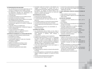 75
LA CONFEDERACIÓN PERÚ BOLIVIANA
• Las contradicciones de las fuerzas gamarristas con las
crucistas en la pugna por tomar el poder en Bolivia
• Las políticas de Santa Cruz en el fortalecimiento de
las instituciones coloniales que sobrevivieron a la
independencia: la servidumbre y el tributo
• La moneda feble
• La intervención de Santa Cruz en el conflicto peruano
• Las batallas de Yanacocha y Socabaya
• Loscongresos deHuara, Sicuani yTapacari en lacreación
de la Confederación Perú boliviana
• La estructura de la Confederación Perú boliviana.
• La intervención argentina en el conflicto. La batalla de
Montenegro
• La agresión chilena a la Confederación
• La Guerra de la Confederación. La batalla de Yungay y el
fin de la confederación
• La nueva invasión peruana a Bolivia
• La Batalla de Ingavi y su significación para la
independencia definitiva de Bolivia
LA REPÚBLICA OLIGÁRQUICA Y EL CAUDILLISMO MILITAR
• Las pugnas entre librecambistas y proteccionistas
• El monopolio de la Quina
• El proyecto popular de Belzú
• La acumulación originaria a través de la hacienda
latifundista (G. Rodríguez)
• El caudillismo militar
• Gobierno civil dictatorial José María Linares
• El arrebatamiento de tierras por Melgarejo
• Las leyes de Exvinculación
• La Revolución igualitaria de Andrés Ibáñez
• Los pasajes ocultos de la Guerra. La 5ta división y sus
amagues. La intervención de Aniceto Arce en el
campamento de la 5ta división, según la versión deldiario
de Apodaca. Las batallas de Canchas Blancas (Lino
Morales) y Tambillos (Rufino Carrasco). Las razones del
porqué se ocultaron estos eventos
LOS PATRIARCAS DE LA PLATA
• El desarrollo de la Minería de la Plata
• El surgimiento del capitalismo en Bolivia
• La instrumentalización del Estado boliviano por los
patriarcas
• El monopolio estatal en el rescate de las pastas de plata
• Los primeros ferrocarriles para servir a la minería
• La primera generación de partidos políticos: Conservador
y liberal
• El arrebatamiento de tierras a las comunidades. La
masacre de Kuruyuki
LA GUERRA CIVIL FEDERAL
• Las contradicciones entre el Norte y el Sur; entre la
emergente minería del estaño y la decadente de la Plata;
entre federales y unitarios; entre liberales y
conservadores
• La disputa por la capitalía y la ley de radicatoria
• El gobierno liberal provisional en La Paz. La campañade
las tropas del ejército constitucional. La sublevación
indígena al mando de Zarate Willka. Las batallas de
Cosmini y Ayo Ayo. La masacre de Mohoza. La Batalla del
segundo Crucero. El ajusticiamiento de Zarate Willka y
otros líderes indígenas. Resultado del Conflicto
• La Paz como sede de gobierno y Sucre como capital. La
omisión de federalizar al país
LA GUERRA DEL ACRE
• El auge de la goma en relación a la industria del automóvil
en Europa
• Las estradas gomeras y la esclavización de la población
indígena, mediante el enganche. La creación de Puerto
Alonso
• El primer intento secesionista de los gomeros
• La contratación de la “Bolivian Sindicate”
• Ley No. 071 Ley de los derechos de la Madre Tierra
• Ley No. 300 Ley Marco de la Madre Tierra y Desarrollo
Integral para Vivir Bien
EL AGUA ¿MERCANCIA, DERECHO HUMANO O FUERZA DE
VIDA?
• Visión neoliberal. Visión Humanista
• Visión de los pueblos originarios de tierras altas, tierras
bajas y Chaco
LAS OLAS DEL FEMINISMO
• La declaración de los derechos de la mujer y de la
ciudadana
• Las sufragistas
• Otros movimientos de reivindicación de los derechos de
la mujer en el mundo
• Personajes importantes en la política, educación,
Literatura, economía en el mundo
• Desarrollo de los derechos de la mujer en Bolivia
• El rol de la mujer en nuestra sociedad y en la actualidad
• Participación de las mujeres en las democracias
• Personajes importantes en la política, educación,
Literatura, economía en Bolivia
DESPATRIARCALIZACIÓN
• El género, como una construcción social. La necesidad de
eliminar los roles de género en la familia
• La discriminación a la mujer en las instituciones
• La reproducción de sistemas de creencias patriarcales en
la familia, la escuela, los medios de comunicación yla
Iglesia
• La violencia doméstica y la violencia de género
• Las altas tasas de feminicidios en Bolivia
• El decreto Supremo 4650, 2022, año de la Revolución
Cultural para la despatriarcalización: Por una vida libre
de violencia contra las mujeres
• Despatriarcalización y descolonización
Planes
y
Programas
de
Educación
Secundaria
Comunitaria
Productiva
 