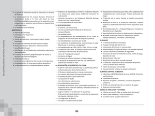 80
• La guerra de Indochina contra los franceses y la Guerra
de Vietnam
• La emancipación de los nuevos Estados africanos:El
nacionalismo árabe y la crisis del Canal de Suez
Conflictos ideológicos apoyados por las superpotencias,
el apartheid en Sudáfrica, los conflictos en Argelia, Zaire
y el Congo Belga
• La conferencia de Bandung
GEOPOLÍTICA
• Historia del Concepto
• El Estado como Organismo
• El Espacio Vital
• Teoría del heartland. Precursores: Ratzel, Kjellen,
Haushofer
• Las políticas coloniales de los Estados europeos
• Nuevas tendencias: Relaciones internacionales
• La política de bloques
• La influencia de losEstados pormedio de los organismos
internacionales
• El control de espacios geográficos para el acceso a
recursos naturales estratégicos
• Política de fronteras
• Las tendencias migratorias del mundo contemporáneo
• La globalización, en la perspectiva de la geopolítica
• La descolonización y la diplomacia de los pueblos
• Coletazos de las dictaduras militares en Bolivia: Natusch
y la masacre de todos santos. Gobierno transitorio de
Lidia Gueiler
• Acciones contrarias a las dictaduras: Marcelo Quiroga
Santa cruz, Luis Espinal Camps
• La narcodictadura de García Mesa
EL NEOLIBERALISMO
• El retorno a la Democracia
• La crisis económica heredada de las dictaduras
• La hiperinflación
• La desdolarización
• La implementación del neoliberalismo: El DS 21060, el
programa de privatizaciones de empresas públicas.
• La relocalización y la marcha por la vida
• La resistencia al neoliberalismo: La marcha por la vida,
Marcha por el territorio y la dignidad
• La Capitalización de ENDE, ENTEL, ENFE, YPFB, y el LAB.
• La Reforma Educativa, el enfoque constructivista de
orientación individualista de la Educación
• La ley de Participación popular
• La Guerra del Agua
• El intento de reforma tributaria y Febrero Negro
• El proyecto de enajenación del Gas y la sublevación
popular en octubre de 2003
LA REVOLUCIÓN DEMOCRÁTICA CULTURAL
• El primer indio en la presidencia y su significado político
• La Nacionalización de los hidrocarburos
• El Proceso Constituyente y la nueva constitución
• La Creación del Estado Plurinacional de Bolivia
• El intento de golpe Cívico prefectural
• La expulsión de la DEA
• Los referéndums autonómicos
• Los referéndums revocatorios
• El Modelo Económico Socio comunitario productivo: La
expansión de la Inversión pública y el fortalecimiento de
la demanda interna
• Logros inéditos en la reducción de la pobreza.
• Elproyecto deIndustrialización:Lasplantasdeseparación
de Líquidos. La Urea, el Litio
• La Integración de Bolivia
• La ruptura constitucional de 2019
• Disposicionesprotectivaspara niñas,niños yadolescentes
trabajadores por cuenta propia. Trabajo asalariado del
hogar
• Protección en el marco familiar y ámbito comunitario
familiar
• Beneficios en base a la protección reforzada e interés
superior y condiciones fuera de la norma específicas para
NNAs
• Actividades Laborales y Trabajos Peligrosos, Insalubres o
Atentatorios a la Dignidad
• Seguridad social para las y los adolescentes trabajadores.
• Acciones protectivas contra la explotación laboral,
trabajos peligrosos, insalubres y atentatorios
EL DINERO
• La historia del dinero. El trueque
• El papel moneda y el patrón oro
• Importancia del dinero en nuestros días.
• Moneda digital. Emisión del dinero y la moneda nacional
• Conoce el boliviano / medidas de seguridad
• Funciones del dinero: Unidad de cuenta, medio de pago,
depósito de valor
• Bolivianización ¿Qué es?
• Beneficios del uso de la moneda nacional
• La inflación. Importancia de la estabilidad de precios
Causas y efectos de la inflación
• Índice de precios al consumidor
• Canasta familiar. ¿Cómo se calcula la inflación?
EL BANCO CENTRAL DE BOLIVIA
• ¿Qué hace el BCB? Mandatos de la Ley del BCB, funciones
y atribuciones
• Estabilidad de precios
• Nociones de política monetaria, nociones de política
cambiaria
• El BCB y el sistema financiero, el sistema de pagos
• Reservas Internacionales
CENSO DE POBLACIÓN Y VIVIENDA
• ¿Qué es un censo? ¿Qué se realiza el día del censo?
• Datos sobre población. ¿Qué es población?
• ¿Cuántos somos las y los bolivianos?
Educación
Secundaria
Comunitaria
Productiva
 