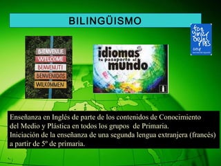 Enseñanza en Inglés de parte de los contenidos de Conocimiento  del Medio y Plástica en todos los grupos  de Primaria.  Iniciación de la enseñanza de una segunda lengua extranjera (francés)  a partir de 5º de primaria. BILINGÜISMO 