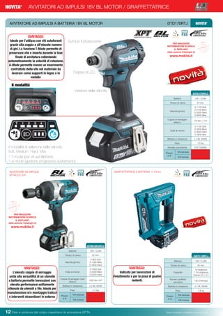 Pesi e potenza del colpo rispettano le procedure EPTA. Prezzi di vendita consigliati e non vincolanti12 Pesi e potenza del colpo rispettano le procedure EPTA. Prezzi di vendita consigliati e non vincolanti
AVVITATORI AD IMPULSI 18V BL MOTOR / GRAFFETTATRICENOVITA’
Batterie 18V / 5,0Ah
Tempo di carica 45 min.
Velocità (g/min)
0-1100 Soft
0-2100 Med
0-3200 Hard
0-3600 Max
Coppia di serraggio/
attacco
175 Nm / 1/4”
Colpi al minuto
0-1100 Soft
0-2600 Med
0-3600 Hard
0-3800 Max
Batterie in dotazione 2 x BL1850B
Peso 1,5 kg
Modello precedente DTD148RMJ
Prezzo
in €
IVA esclusa
IVA inclusa
DTD170RTJ
AVVITATORE AD IMPULSI A BATTERIA 18V BL MOTOR	 DTD170RTJ NOVITA’
Batteria 18V / 5,0Ah
Tempo di carica 45 min.
Velocità (g/min)
0-900 Soft
0-1000 Med
0-1800 Hard
Colpi al minuto
0-1800 Soft
0-2000 Med
0-2200 Hard
Coppia di serraggio max/
attacco
1050 Nm 3/4”
Batterie in dotazione 2 x BL1850B
Peso 3,7 kg
Prezzo
in €
IVA esclusa
IVA inclusa
DTW1001RTJ
AVVITATORE AD IMPULSI
ATTACCO 3/4”
GRAFFETTATRICE A BATTERIA 7-10mm
Batterie 18V / 5,0Ah
Tempo di carica 45 min.
Capacità
10 larghezza
7,10 lunghezza
misura 0,5 / 0,7
Numero graffette
caricatore
150 (160max)
Batterie in dotazione 2 x BL1850B
Peso 1,8 kg
Prezzo
in €
IVA esclusa
IVA inclusa
DST112RTJ
VANTAGGI:
Ideale per l’utilizzo con viti autoforanti
grazie alla coppia e all’elevato numero
di giri. La funzione T-Mode permette di
preservare vite e inserto durante la fase
finale di avvitatura rallentando
automaticamente la velocità di rotazione.
A-Mode permette invece un inserimento
controllato della vite nel materiale da
lavorare come supporti in legno e in
metallo
Bumper fosforescente
Coppia di LED
Variatore della velocità
6 modalità
4 modalità di selezione della velocità:
Soft, Medium, Hard, Max
1 T-mode (per viti autofilettanti)
1 A-mode (gestione progressiva avvitamento)
VANTAGGI:
L’elevata coppia di serraggio
unita alla versatilità di un utensile
a batteria permette lavorazioni con
elevate performance solitamente
ottenute da utensili a filo. Ideale per
manutenzione e/o montaggio tralicci
e interventi straordinari in esterna
VANTAGGI:
Indicata per lavorazioni di
rivestimento o per la posa di guaine
isolanti.
PER MAGGIORI
INFORMAZIONI SCARICA
IL DEPLIANT
dalla sezione Cataloghi di
www.makita.it
PER MAGGIORI
INFORMAZIONI SCARICA
IL DEPLIANT
dalla sezione Cataloghi di
www.makita.it
 