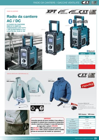 23Pesi e potenza del colpo rispettano le procedure EPTA. Prezzi di vendita consigliati e non vincolanti
GIACCA VENTILATA A BATTERIA (M/L/XL)
Promozione WEB BL1830
Attraverso la registrazione web si ha
diritto a ricevere
una batteria BL1830 (18V da 3,0Ah).
Per i dettagli della promozione vedere alle
pag.20/21
Taglie M-L-XL
Tipo batterie Li-ion
Tensione batterie 10,8V / 14,4V / 18V
Flusso aria max 1,4 m3
/min.
Durata funzionamento in
uso continuativo
12 h con BL1850B
Prezzo
in €
IVA esclusa
IVA inclusa
DFJ300ZDFJ201Z
DFJ201Z DFJ300Z
VANTAGGI:
Inoovative giacche da lavoro ventilate. Il loro utilizzo è
consigliato in ambienti dove nonostante la temperatura
elevata è opportuno proteggere il corpo dell’operatore
da raggi solari e polveri. UTILIZZO:
Mod.DFJ201Z (100% polyestere) per lavori generici
Mod.DFJ300Z (100% cotone) resistente anche a scintille
derivate da lavorazioni del metallo (es. spianatura)
Pannello di controllo flusso aria
Turbo ON/OFF
Maniche staccabili
Radio da cantiere
AC / DC
LE RADIO DA CANTIERE
DMR107 E DMR108
FUNZIONANO CON TUTTI
I TIPI DI BATTERIA Li-Ion
A SLITTA DA 10,8V A 18V
Alimentazione AC / DC
Tipo batterie Li-ion
Tensione batterie 10,8V / 14,4V / 18V
Frequenza AM / FM 522-1,710kHz / 87,5-108MHz
Peso 4,1 kg 4,4 kg
Prezzo
in €
IVA esclusa
IVA inclusa
DMR108DMR107
RADIO DA CANTIERE
RADIO DA CANTIERE / GIACCHE VENTILATE
DMR107
DMR108
100% Polyestere 100% Cotone
100% Polyestere 100% Cotone
 