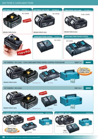 36 Pesi e potenza del colpo rispettano le procedure EPTA. Prezzi di vendita consigliati e non vincolanti
BATTERIE E CARICABATTERIE
KIT ENERGY 18V 5,0Ah	 197624-2
BL1850B (x2)
KIT ENERGY 18V 6,0Ah - CON CARICABATTERIE RAPIDO DOPPIA POSTAZIONE	198077-8 NOVITA’
DC18RDBL1860B (x2)Indicatore livello di carica
IDEALE PER
L’UTILIZZO CON
UTENSILI 18VX2
55min.
BATTERIA 18V 6,0Ah 197422-4
Indicatore livello di carica
BL1860B
BATTERIA 18V 5,0Ah 197280-8
Indicatore livello di carica
BL1850B
TWIN PACK 18V 5,0Ah 197288-2
Indicatore livello di carica
2xBL1850B
CARICABATTERIE RAPIDO 195584-2
DC18RC
CARICABATTERIE RAPIDO DOPPIO
	 196933-6
DC18RD
KIT ENERGY 18V 6,0Ah	198116-4 NOVITA’
DC18RCBL1860B (x2)Indicatore livello di carica
55min.
45min.
DC18RC
KIT ENERGY 18V 5,0Ah - CARICABATTERIE RAPIDO DOPPIA POSTAZIONE 197434-7
DC18RD
45min.
BL1850B (x2)
IDEALE PER
L’UTILIZZO CON
UTENSILI 18VX2
 