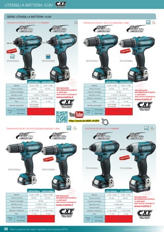 38 Pesi e potenza del colpo rispettano le procedure EPTA. Prezzi di vendita consigliati e non vincolanti
Batteria 10,8V / 2,0Ah 10,8V / 4,0Ah
Tempo di carica 30 min. 60 min.
Coppia di serraggio 30 Nm
Velocità a vuoto 0-450/0-1.700 g/min
Batterie in dotazione 2 x BL1020B 2 x BL1040B
Peso 0,94 kg 1,1 kg
Modello precedente
DF031DSAE
DF030DWE
Prezzo
in €
IVA esclusa
IVA inclusa
DF031DSAJ
TRAPANI AVVITATORI 2 VELOCITÀ 1/4” FEMMINA
SERIE UTENSILI A BATTERIA 10,8V 	
DF031DSAJ DF031DSME
DF031DSME
TRAPANI AVVITATORI 2 VELOCITÀ MANDRINO 10MM
DF331DSAJ DF331DSMJ
Batteria 10,8V / 2,0Ah 10,8V / 4,0Ah
Tempo di carica 30 min. 60 min.
Coppia di serraggio 30 Nm
Velocità a vuoto 0-450/0-1.700 g/min
Batterie in dotazione 2 x BL1020B 2 x BL1040B
Peso 1,1 kg 1,3 kg
Modello precedente
DF331DSAE
DF330DWE
DF331DSME
Prezzo
in €
IVA esclusa
IVA inclusa
DF331DSAJ DF331DSMJ
TRAPANI AVVITATORI CON PERCUSSIONE MANDRINO 10MM AVVITATORI AD IMPULSI 1/4” FEMMINA
Batteria 10,8V / 2,0Ah 10,8V / 4,0Ah
Tempo di carica 30 min. 60 min.
Coppia di serraggio 30 Nm
Velocità a vuoto 0-450/0-1.700
Colpi al minuto 0-6.750/0-25.500
Batterie in dotazione 2 x BL1020B 2 x BL1040B
Peso 1,1 kg 1,3 kg
Prezzo
in €
IVA esclusa
IVA inclusa
HP331DSAJ HP331DSMJ
Batteria 10,8V / 2,0Ah 10,8V / 4,0Ah
Tempo di carica 30 min. 60 min.
Coppia di serraggio 110 Nm
Velocità a vuoto 0-2600 g/min
Colpi al minuto 0-3500
Batterie in dotazione 2 x BL1020B 2 x BL1040B
Peso 1,1 kg 1,3 kg
Prezzo
in €
IVA esclusa
IVA inclusa
TD110DSAJ TD110DSMJ
UTENSILI A BATTERIA 10,8V
HP331DSAJ HP331DSMJ
TD110DSAJ TD110DSMJ
PER MAGGIORI
INFORMAZIONI SCARICA
IL DEPLIANT
dalla sezione Cataloghi di
www.makita.it
PER MAGGIORI
INFORMAZIONI SCARICA
IL DEPLIANT
dalla sezione Cataloghi di
www.makita.it
PER MAGGIORI
INFORMAZIONI SCARICA
IL DEPLIANT
dalla sezione Cataloghi di
www.makita.it
PER MAGGIORI
INFORMAZIONI SCARICA
IL DEPLIANT
dalla sezione Cataloghi di
www.makita.it
https://youtu.be/uB5E-uFvZK4
 