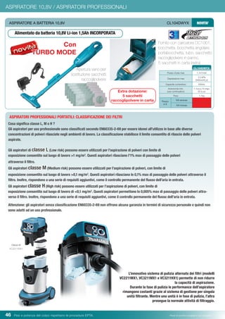 46 Pesi e potenza del colpo rispettano le procedure EPTA. Prezzi di vendita consigliati e non vincolanti
ASPIRATORE 10,8V / ASPIRATORI PROFESSIONALI
ASPIRATORI PROFESSIONALI PORTATILI: CLASSIFICAZIONE DEI FILTRI
Cosa significa classe L, M o H ?
Gli aspiratori per uso professionale sono classificati secondo EN60335-2-69 per essere idonei all’utilizzo in base alle diverse
concentrazioni di polveri rilasciate negli ambienti di lavoro. La classificazione stabilisce il limite consentito di rilascio delle polveri
aspirate.
Gli aspiratori di classe L (Low risk) possono essere utilizzati per l’aspirazione di polveri con limite di
esposizione consentito sul luogo di lavoro >1 mg/m3
. Questi aspiratori rilasciano l’1% max di passaggio delle polveri
attraverso il filtro.
Gli aspiratori classe M (Medium risk) possono essere utilizzati per l’aspirazione di polveri, con limite di
esposizione consentito sul luogo di lavoro >0,1 mg/m3
. Questi aspiratori rilasciano lo 0,1% max di passaggio delle polveri attraverso il
filtro. Inoltre, rispondono a una serie di requisiti aggiuntivi, come il controllo permanente del flusso dell’aria in entrata.
Gli aspiratori classe H (High risk) possono essere utilizzati per l’aspirazione di polveri, con limite di
esposizione consentito sul luogo di lavoro di <0,1 mg/m3
. Questi aspiratori permettono lo 0,005% max di passaggio delle polveri attra-
verso il filtro. Inoltre, rispondono a una serie di requisiti aggiuntivi, come il controllo permanente del flusso dell’aria in entrata.
Attenzione: gli aspiratori senza classificazione EN60335-2-69 non offrono alcuna garanzia in termini di sicurezza personale e quindi non
sono adatti ad un uso professionale.
L’innovativo sistema di pulizia alternato dei filtri (modelli
VC2211MX1, VC3211MX1 e VC3211HX1) permette di non ridurre
la capacità di aspirazione.
Durante la fase di pulizia le performance dell’aspiratore
rimangono costanti grazie al sistema di gestione per singola
unità filtrante. Mentre una unità è in fase di pulizia, l’altra
prosegue la normale attività di filtraggio.
Classe M
VC3211MX1
ASPIRATORE A BATTERIA 10,8V	 CL104DWYX NOVITA’
Flusso d’aria max 1,1m3
/min
Depressione max
3,3 kPa
(340mmH2
o)
Capacità contenitore 500mL
Autonomia min.
(uso continuativo)
7 (Turbo),10 (High)
20 (Low)
Peso 1,1kg
Prezzo
in €
IVA esclusa
IVA inclusa
CL104DWYX
Extra dotazione:
5 sacchetti
raccoglipolvere in carta
Alimentato da batteria 10,8V Li-ion 1,5Ah INCORPORATA
Fornito con caricatore DC1001,
bocchetta, bocchetta angolare,
portabocchetta, tubo, sacchetto
raccoglipolvere in panno,
5 sacchetti in carta (extra)
Apertura vano per
sostituzione sacchetti
raccoglipolvere
Con
TURBO MODE
 