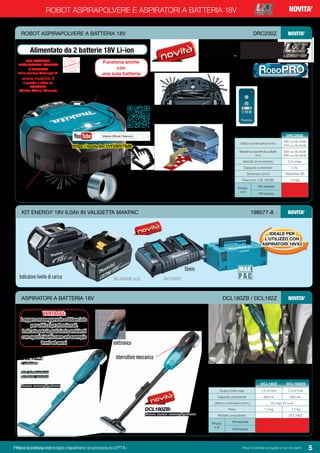 Pesi e potenza del colpo rispettano le procedure EPTA. Prezzi di vendita consigliati e non vincolanti 5Pesi e potenza del colpo rispettano le procedure EPTA. Prezzi di vendita consigliati e non vincolanti
ROBOT ASPIRAPOLVERE E ASPIRATORI A BATTERIA 18V NOVITA’
ROBOT ASPIRAPOLVERE A BATTERIA 18V	 DRC200Z NOVITA’
Utilizzo continuativo (min.)
200 con BL1850B
240 con BL1860B
Massima superficie pulibile
(m2
)
500 con BL1850B
600 con BL1860B
Velocità di movimento 0,3 m/sec
Capacità contenitore 2,5L
Dimensioni (mm) 460x460x180
Peso (con 2 BL1850B) 7,8 kg
Prezzo
in €
IVA esclusa
IVA inclusa
DRC200Z
Funziona anche
con
una sola batteria
Alimentato da 2 batterie 18V Li-ion
Telecomando:
avvio/spegnimento e
ricerca Robot
a lavoro terminato. con
2 batterie alkaline AAA
Ampie spazzole laterali per pulizia di
angoli e lungo i muri
Grande spazzola rotante centrale
Contenitore a doppia struttura: parte
superiore polveri e piccoli detriti (ven-
tola di aspirazione ON), parte inferiore
convogliamento detriti di dimensioni
maggiori (ventola di aspirazione OFF)
Spia funzionamento e segnale acus-
tico attivi durante la fase di pulizia
Bumper antiurti con sensori
per cambio direzione marcia
Flusso d’aria max 1,0 m3
/min 1,3 m3
/min
Capacità contenitore 500 mL 650 mL
Utilizzo continuativo (min.) 20 (High) 40 (Low)
Peso 1,3 kg 1,2 kg
Modello precedente - DCL180Z
Prezzo
in €
IVA esclusa
IVA inclusa
DCL182Z
KIT ENERGY 18V 6,0Ah IN VALIGETTA MAKPAC	198077-8 NOVITA’
DC18RDBL1860B (x2)Indicatore livello di carica
DCL180ZB
PER MAGGIORI
INFORMAZIONI SCARICA
IL DEPLIANT
dalla sezione Cataloghi di
www.makita.it
e guarda il video su
YOUTUBE
(Makita Official Channel)
Nastro
delimitatore
in dotazione
(15m)
ASPIRATORI A BATTERIA 18V	 DCL180ZB / DCL182Z NOVITA’
VANTAGGI:
Leggero maneggevole e bilanciato
per utilizzi professionali.
Indicato per la pulizia in ambienti
con spazi ridotticome ad esempio
treni ed aerei
https://youtu.be/1hYUWIt79jM
DCL182Z:
2 velocità
Led indicazione
batteria scarica
Sacco raccoglipolvere
Interruttore elettronico
DCL180ZB:
Senza sacco raccoglipolvere
Interruttore meccanico
IDEALE PER
L’UTILIZZO CON
ASPIRATORI 18VX2
55min.
 