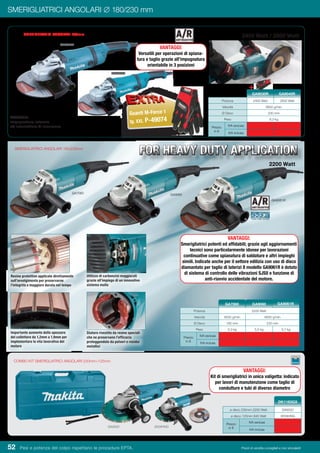 52 Pesi e potenza del colpo rispettano le procedure EPTA. Prezzi di vendita consigliati e non vincolanti
SMERIGLIATRICI ANGOLARI ∅ 180/230 mm
SMERIGLIATRICI ANGOLARI 230mm 2400 Watt / 2600 Watt
GA9040R:
impugnatura laterale
ed interruttore di sicurezza
Potenza 2400 Watt 2600 Watt
Velocità 6600 g/min
Ø Disco 230 mm
Peso 6,3 kg
Prezzo
in €
IVA esclusa
IVA inclusa
GA9030R
GA9040R
GA9040R
COMBO KIT SMERIGLIATRICI ANGOLARI 230mm+125mm
ø disco 230mm 2200 Watt GA9020
ø disco 125mm 840 Watt 9558HNG
Prezzo
in €
IVA esclusa
IVA inclusa
DK1163GX
GA9030R
+
Potenza 2200 Watt
Velocità 8500 g/min 6600 g/min
Ø Disco 180 mm 230 mm
Peso 5,3 kg 5,5 kg 5,7 kg
Prezzo
in €
IVA esclusa
IVA inclusa
GA7060 GA9060 GA9061R
GA7060 GA9060
SMERIGLIATRICI ANGOLARI 180/230mm
2200 Watt
Guanti M-Force 1
tg. XXL P-49074
9558HNGGA9020
FOR HEAVY DUTY APPLICATIONFOR HEAVY DUTY APPLICATION
Resine protettive applicate direttamente
sull’avvolgimento per preservarne
l’integrità e maggiore durata nel tempo
Importante aumento dello spessore
del collettore da 1,2mm a 1,9mm per
implementare la vita lavorativa del
motore
Statore rivestito da resine speciali
che ne preservano l’efficacia
proteggendolo da polveri e residui
metallici
Utilizzo di carboncini maggiorati
grazie all’impiego di un innovativo
sistema molla
VANTAGGI:
Smerigliatrici potenti ed affidabili; grazie agli aggiornamenti
tecnici sono particolarmente idonee per lavorazioni
continuative come spianatura di saldature e altri impieghi
simili. Indicate anche per il settore edilizia con uso di disco
diamantato per taglio di laterizi Il modello GA9061R è dotato
di sistema di controllo delle vibrazioni SJSII e funzione di
anti-riavvio accidentale del motore.
VANTAGGI:
Kit di smerigliatrici in unica valigetta: indicato
per lavori di manutenzione come taglio di
condutture e tubi di diverso diametro
GA9061R
VANTAGGI:
Versatili per operazioni di spiana-
tura e taglio grazie all’impugnatura
orientabile in 3 posizioni
 