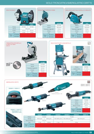 53Pesi e potenza del colpo rispettano le procedure EPTA. Prezzi di vendita consigliati e non vincolanti
MOLE/TRONCATRICI/SMERIGLIATRICI DIRITTE
Potenza 250 Watt 550 Watt
Velocità 2850 g/min
Ø disco 150 mm 205 mm
Peso 9,2 kg 19,8 kg
Prezzo
in €
IVA esclusa
IVA inclusa
GB602 GB801
MOLE DA BANCO
GB801
Potenza 400 Watt 750 Watt
Velocità 25000 g/min 28000 g/min 7000-28000 g/min 7000-29000 g/min 1800-7000 g/min
Massima Ø Pinza 6,35 mm 8 mm
Peso 1,7 kg 0,97 kg 1,7 kg 2,0 kg
Prezzo
in €
IVA esclusa
IVA inclusa
GD0800CGD0600 GD0801CGD0603 GD0810C GD0811C
SMERIGLIATRICI DIRITTE
GD0800C / GD0810C
GD0801C / GD0811C
GD0801C
GD0811C
GD0801C / GD0811C
Equipaggiate con
interruttore a leva
GD0801C / GD0811C
Potenza 900 Watt
Larghezza lama 6 - 16 mm
Peso 81,2 kg
Prezzo
in €
IVA esclusa
IVA inclusa
LB1200F
SEGA A NASTRO PER LEGNO/METALLOTRONCATRICE PER METALLO
A DISCO AL WIDIA
305mm
Potenza 1750 Watt
Velocità 1300 g/min
Profondità di taglio (90°) 100 mm
Ø Lama 305 mm
Peso 19,3 kg
Prezzo
in €
IVA esclusa
IVA inclusa
LC1230
TRONCATRICE PORTATILE 355MM
Potenza 2000 Watt
Velocità 3800 g/min
Profondità di taglio (90°) 115 mm
Ø Disco 355 mm
Peso 18,4 kg
Prezzo
in €
IVA esclusa
IVA inclusa
LW1400
Potenza 750 Watt
Ø disco 150 mm
Velocità 5600 g/min
Massimo Ø pinza 20 mm
Peso 5,2 kg
Prezzo
in €
IVA esclusa
IVA inclusa
GS6000
GS6000
Potenza 1100 Watt
Velocità 3500 g/min
Profondità di taglio (90°) 63 mm
Ø Disco 185 mm
Peso 5,1 kg
Prezzo
in €
IVA esclusa
IVA inclusa
4131
SEGA CIRCOLARE TAGLIO METALLO E GRIGLIATO
Lama TCT Inox
100 denti
B-23123
Modello precedente: 906
GD0600
GD0603
 