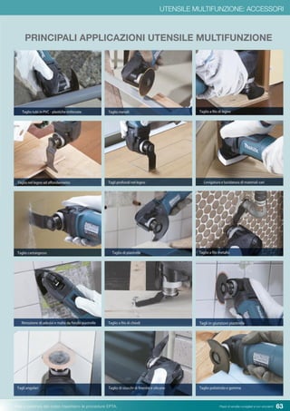 63Pesi e potenza del colpo rispettano le procedure EPTA. Prezzi di vendita consigliati e non vincolanti
UTENSILE MULTIFUNZIONE: ACCESSORI
PRINCIPALI APPLICAZIONI UTENSILE MULTIFUNZIONE
 