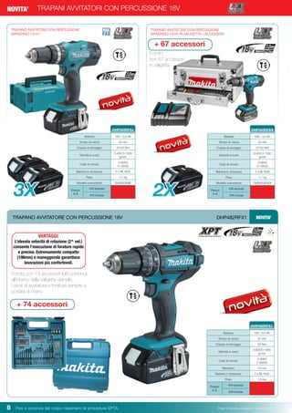 Pesi e potenza del colpo rispettano le procedure EPTA. Prezzi di vendita consigliati e non vincolanti8 Pesi e potenza del colpo rispettano le procedure EPTA. Prezzi di vendita consigliati e non vincolanti
TRAPANI AVVITATORI CON PERCUSSIONE 18VNOVITA’
DHP453RF3J
TRAPANO AVVITATORE CON PERCUSSIONE 18V NOVITA’DHP482RFX1
Batteria 18V / 3,0 Ah
Tempo di carica 22 min
Coppia di serraggio 27/42 Nm
Velocità a vuoto
0-400 0-1300
g/min
Colpi al minuto
0-6000
0-19500
Batterie in dotazione 3 x BL1830
Peso 1,7 kg
Modello precedente DHP453RAE
Prezzo
in €
IVA esclusa
IVA inclusa
VANTAGGI:
L’elevata velocità di rotazione (2^ vel.)
consente l’esecuzione di forature rapide
e precise. Estremamente compatto
(198mm) e maneggevole garantisce
lavorazioni più confortevoli.
TRAPANO AVVITATORE CON PERCUSSIONE
MANDRINO 13mm
3X
DHP453RFEX
Batteria 18V / 3,0 Ah
Tempo di carica 22 min
Coppia di serraggio 27/42 Nm
Velocità a vuoto
0-400 0-1300
g/min
Colpi al minuto
0-6000
0-19500
Batterie in dotazione 2 x BL1830
Peso 1,7 kg
Modello precedente DHP453RYEX
Prezzo
in €
IVA esclusa
IVA inclusa
TRAPANO AVVITATORE CON PERCUSSIONE
MANDRINO 13mm IN VALIGETTA + ACCESSORI
2X
Fornito
con 67 accessori
in valigetta
+ 67 accessori
Fornito con 74 accessori tutti contenuti
all’interno della valigetta utensile.
Lavori di avvitatura e foratura sempre a
portata di mano.
+ 74 accessori
DHP482RFX1
Batteria 18V / 3,0 Ah
Tempo di carica 22 min
Coppia di serraggio 54 Nm
Velocità a vuoto
0-600/0-1900
g/min
Colpi al minuto
0-9000
0-28500
Mandrino 13 mm
Batterie in dotazione 2 x BL1830
Peso 1,5 kg
Prezzo
in €
IVA esclusa
IVA inclusa
 