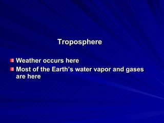 Troposphere Weather occurs here Most of the Earth’s water vapor and gases are here 