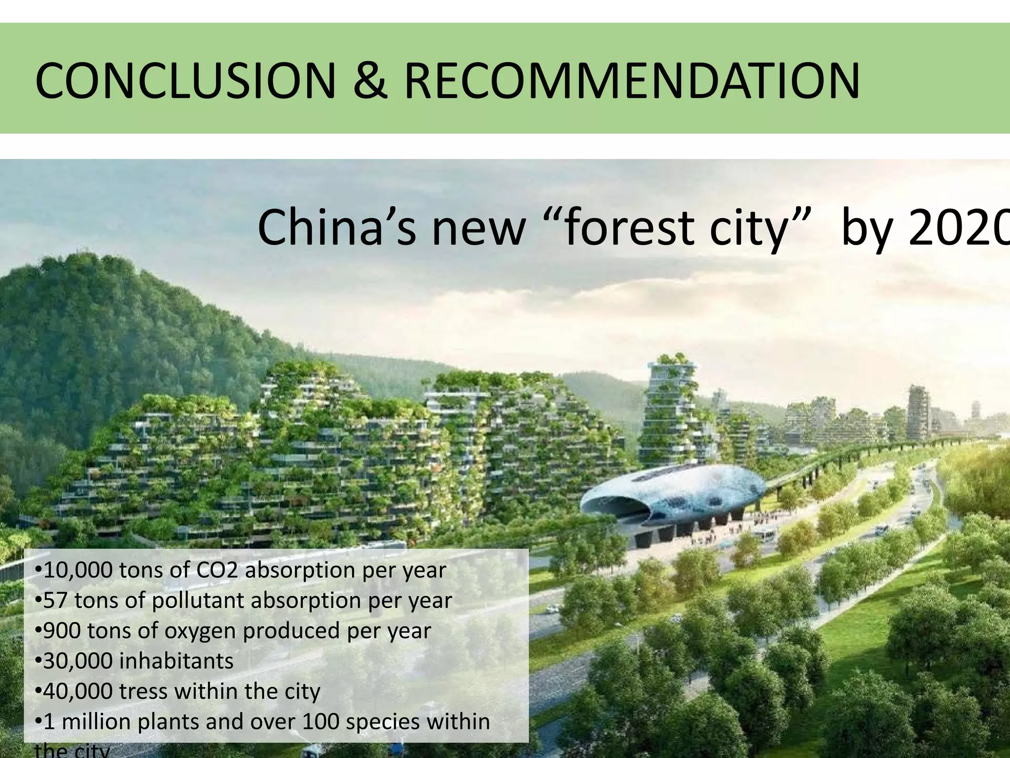 •10,000 tons of CO2 absorption per year
•57 tons of pollutant absorption per year
•900 tons of oxygen produced per year
•30,000 inhabitants
•40,000 tress within the city
•1 million plants and over 100 species within
China’s new “forest city” by 2020
CONCLUSION & RECOMMENDATION
 