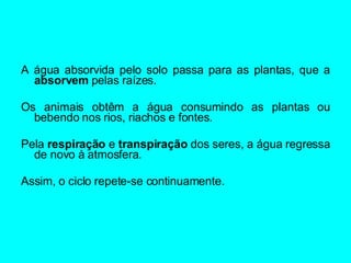 A água absorvida pelo solo passa para as plantas, que a  absorvem  pelas raízes. Os animais obtêm a água consumindo as plantas ou bebendo nos rios, riachos e fontes.  Pela  respiração  e  transpiração  dos seres, a água regressa de novo à atmosfera.  Assim, o ciclo repete-se continuamente.    