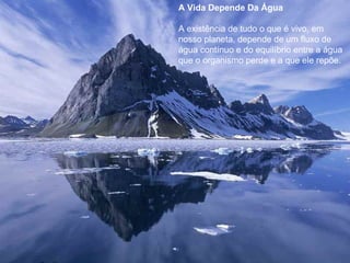 A Vida Depende Da Água A existência de tudo o que é vivo, em nosso planeta, depende de um fluxo de água contínuo e do equilíbrio entre a água que o organismo perde e a que ele repõe. 