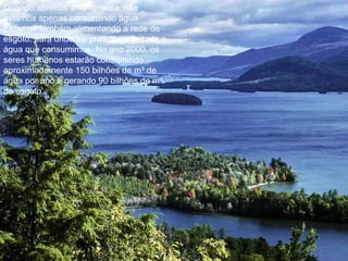 Quando abrimos uma torneira, não estamos apenas consumindo água. Estamos também alimentando a rede de esgoto, para onde vai praticamente toda a água que consumimos. No ano 2000, os seres humanos estarão consumindo aproximadamente 150 bilhões de m³ de água por ano e gerando 90 bilhões de m³ de esgoto. 