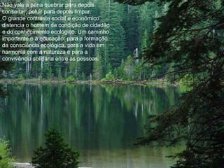 Não vale a pena quebrar para depois consertar, poluir para depois limpar. O grande contraste social e econômico distancia o homem da condição de cidadão e do conhecimento ecológico. Um caminho importante é a educação: para a formação da consciência ecológica, para a vida em harmonia com a natureza e para a convivência solidária entre as pessoas. 