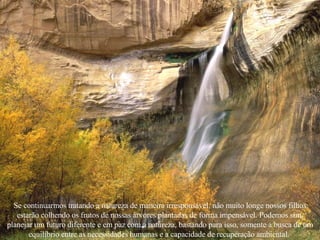 Se continuarmos tratando a natureza de maneira irresponsável, não muito longe nossos filhos estarão colhendo os frutos de nossas árvores plantadas de forma impensável. Podemos sim, planejar um futuro diferente e em paz com a natureza, bastando para isso, somente a busca de um equilíbrio entre as necessidades humanas e a capacidade de recuperação ambiental.  