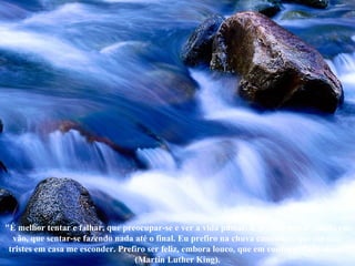 "É melhor tentar e falhar, que preocupar-se e ver a vida passar. É melhor tentar, ainda em vão, que sentar-se fazendo nada até o final. Eu prefiro na chuva caminhar, que em dias tristes em casa me esconder. Prefiro ser feliz, embora louco, que em conformidade viver" (Martin Luther King). 