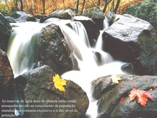 As reservas de água doce do planeta estão sendo ameaçadas devido ao crescimento da população mundial, seu consumo excessivo e o alto nível de poluição.  